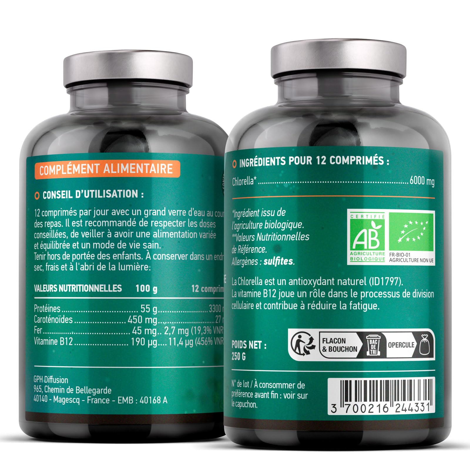 Chlorella BIO | 6000 mg/jour | Antioxydant, Vitalité | Sans Additif | 500 Comprimés | GPH Diffusion