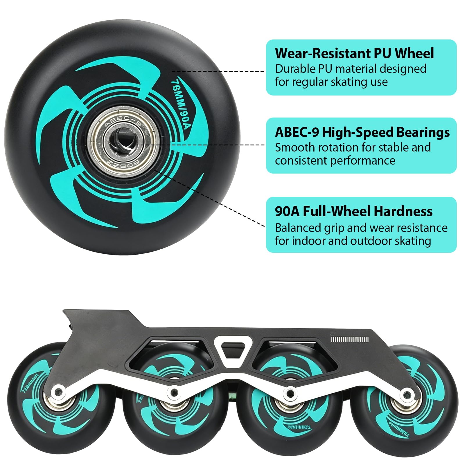 8 Stück Inliner Rollen 76 mm mit ABEC-9 Kugellagern | PU Skate Rollen 90A Härte, Ersatzrollen für Inline Skates, Rollschuhe, Indoor und Outdoor Skating