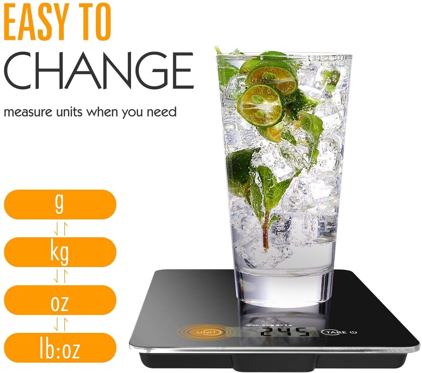 Báscula de Cocina Digital, báscula de Alimentos de Vidrio Templado, báscula de Cocina electrónica de Alta precisión de 11 LB 5 kg con Pantalla LCD, 4 Unidades y función de Tara - Negro