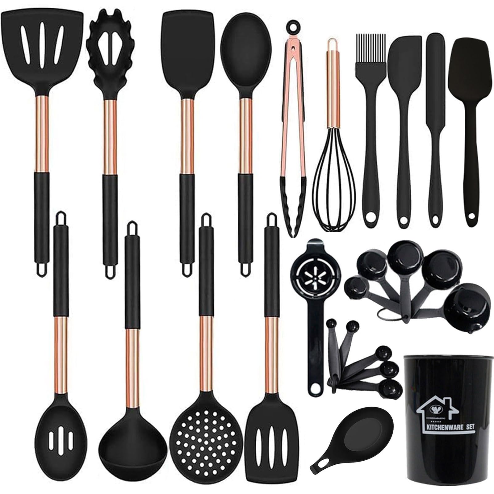 UXIYI Kitchen Utensils Set, Silicone Cooking Utensils, 27Pcs Spatula Set including Rose Gold Stainless Steel Handle,Black