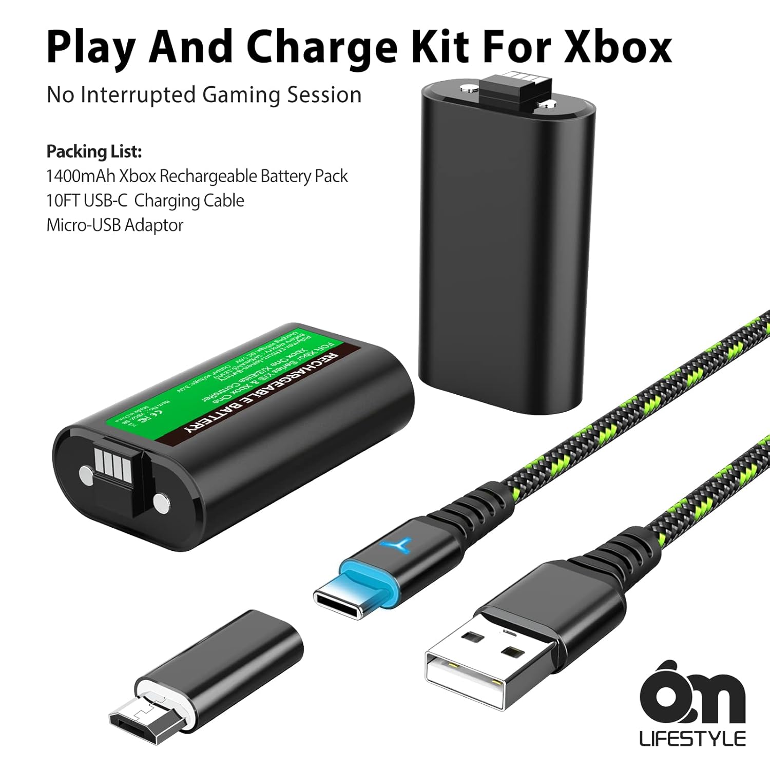 2 Pack Rechargeable Controller Battery Pack for Xbox Series X|S and Xbox One with 10FT USB C Charging Cable and Micro USB Adapter, Play and Charge Kit for All Xbox Wireless Controller, XBOX-SB08