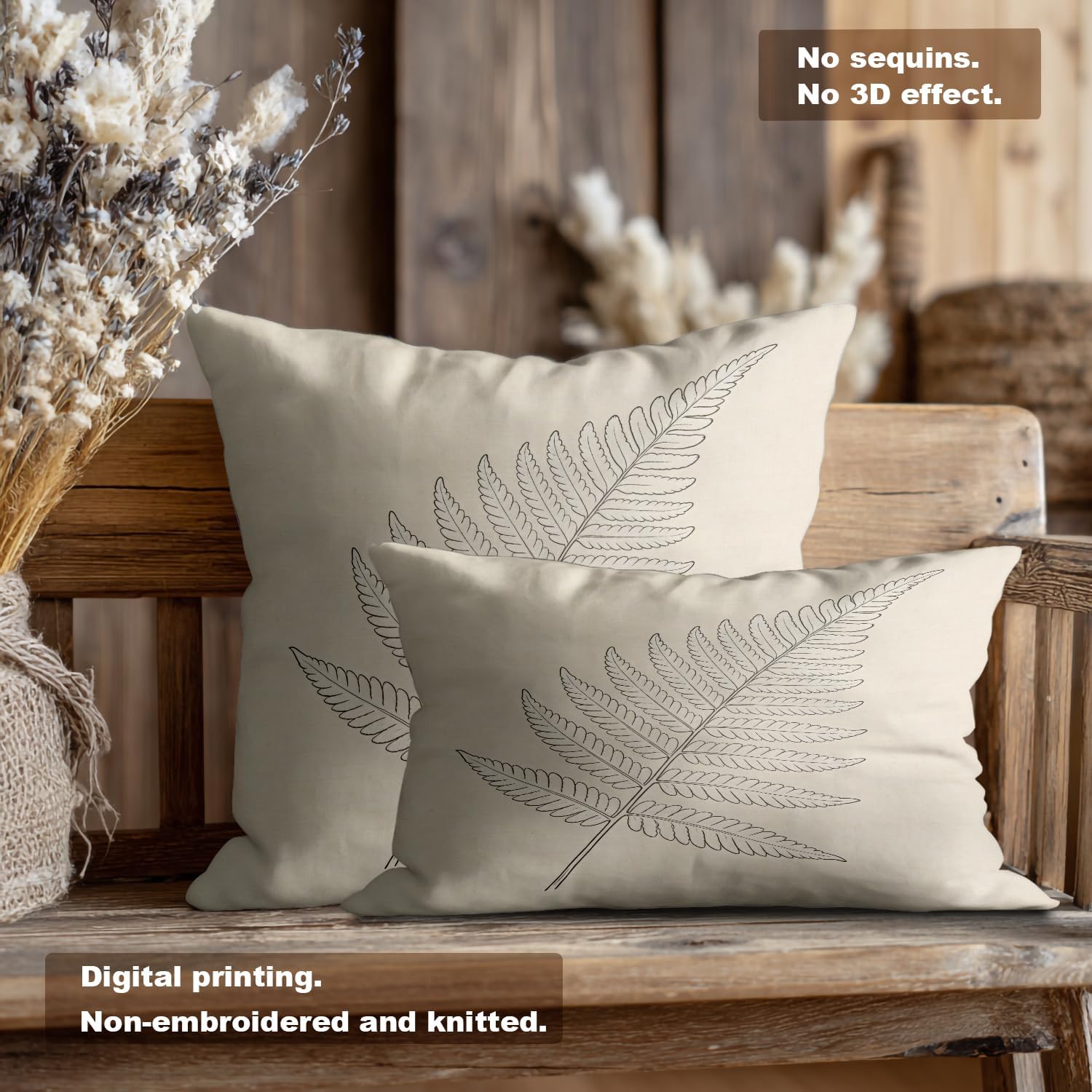 Fern Leaf Line Art Pillowcases, Single Fern Leaf Sketch Bed Pillow Cover Digital Blended Hidden Zipper for Hair Skin Lumbar 20X26 in 2 Pcs