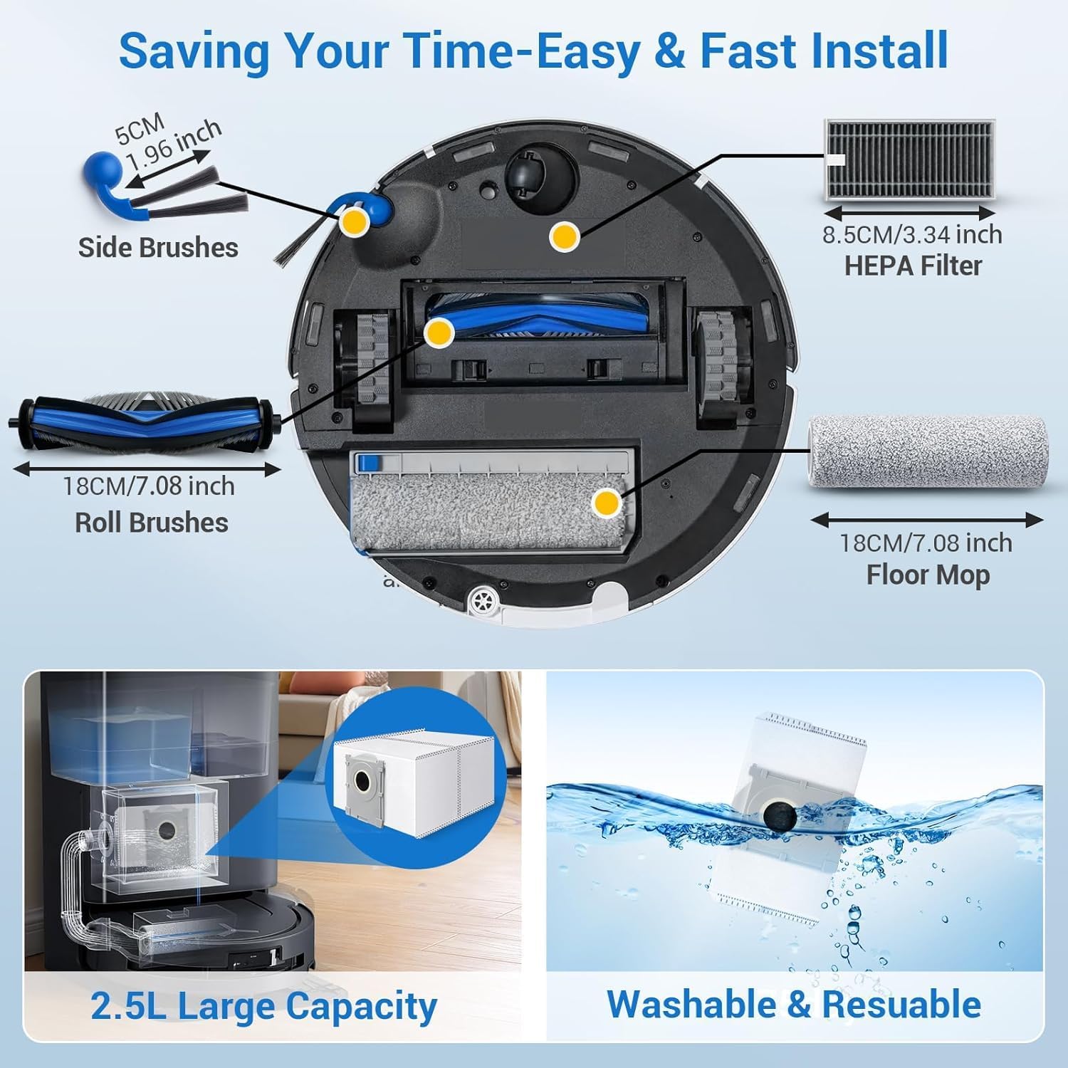 T80 Omni Replacement Parts for Ecovacs Deebot T80 Omni / T80 for Yeedi M14 Plus Robotic Vacuum Cleaner Parts with 2 Roller,4 Mop,4 HEAP,6 Dust Bag,6 Side Brush,1 Clean Brush Accessories