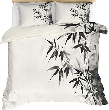 Bamboo Print Duvet Cover Queen - Black Leaves Bedding Set & Bedroom Decor - Retro Painting Comforter Set - Zipper & Ties, Reversible Print Bedding Duvet Cover & 2 Pillow Cases