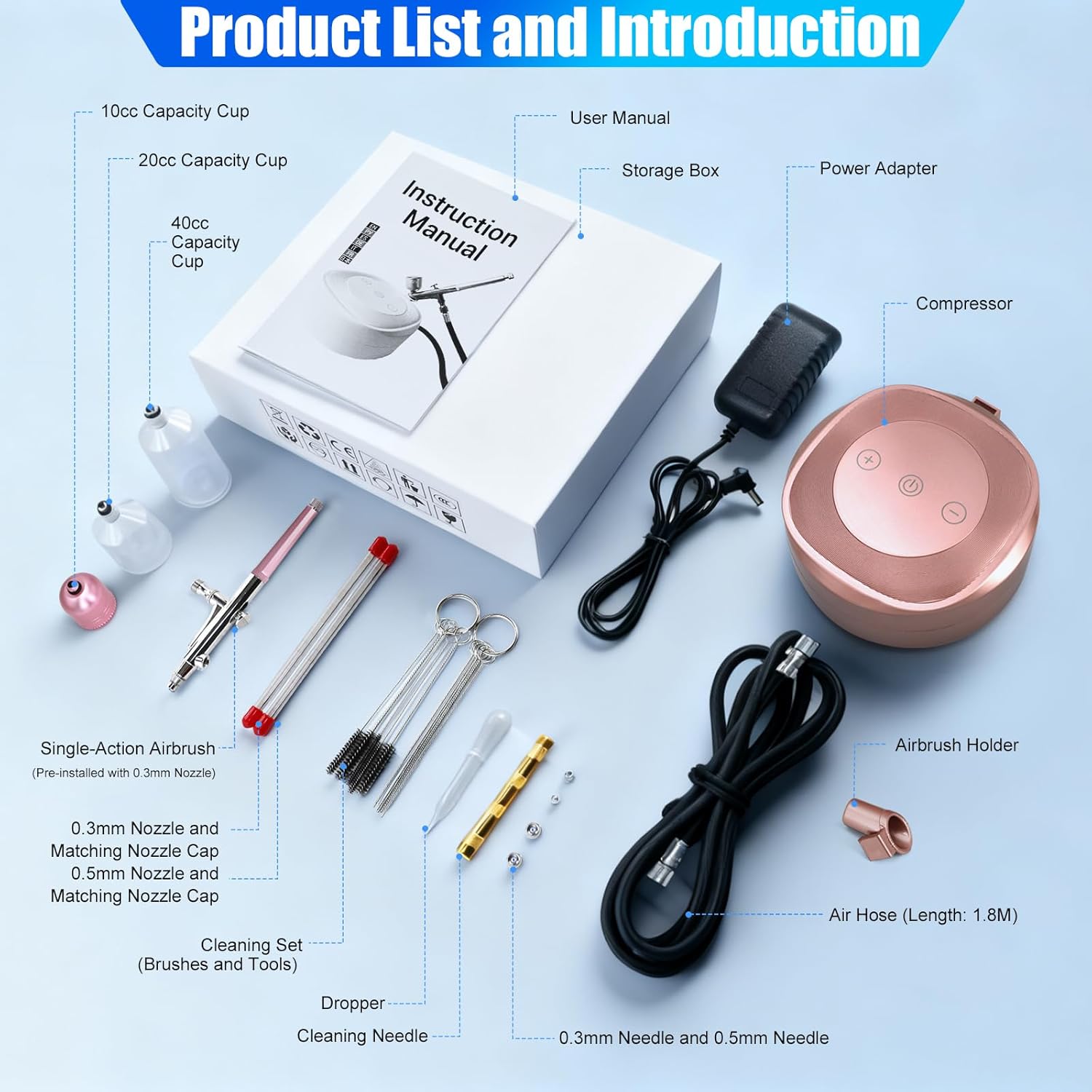 Xamanabu Airbrush Kit with Air Compressor, 25-48 PSI 10 L/min, 3 Gears Pressure Sensor Air Brush Kit with 0.3/0.5mm Nozzle/Cleaning Sets, Ideal for Nails, Makeup, Painting, Model, DIY, Cake Decor - Image 6