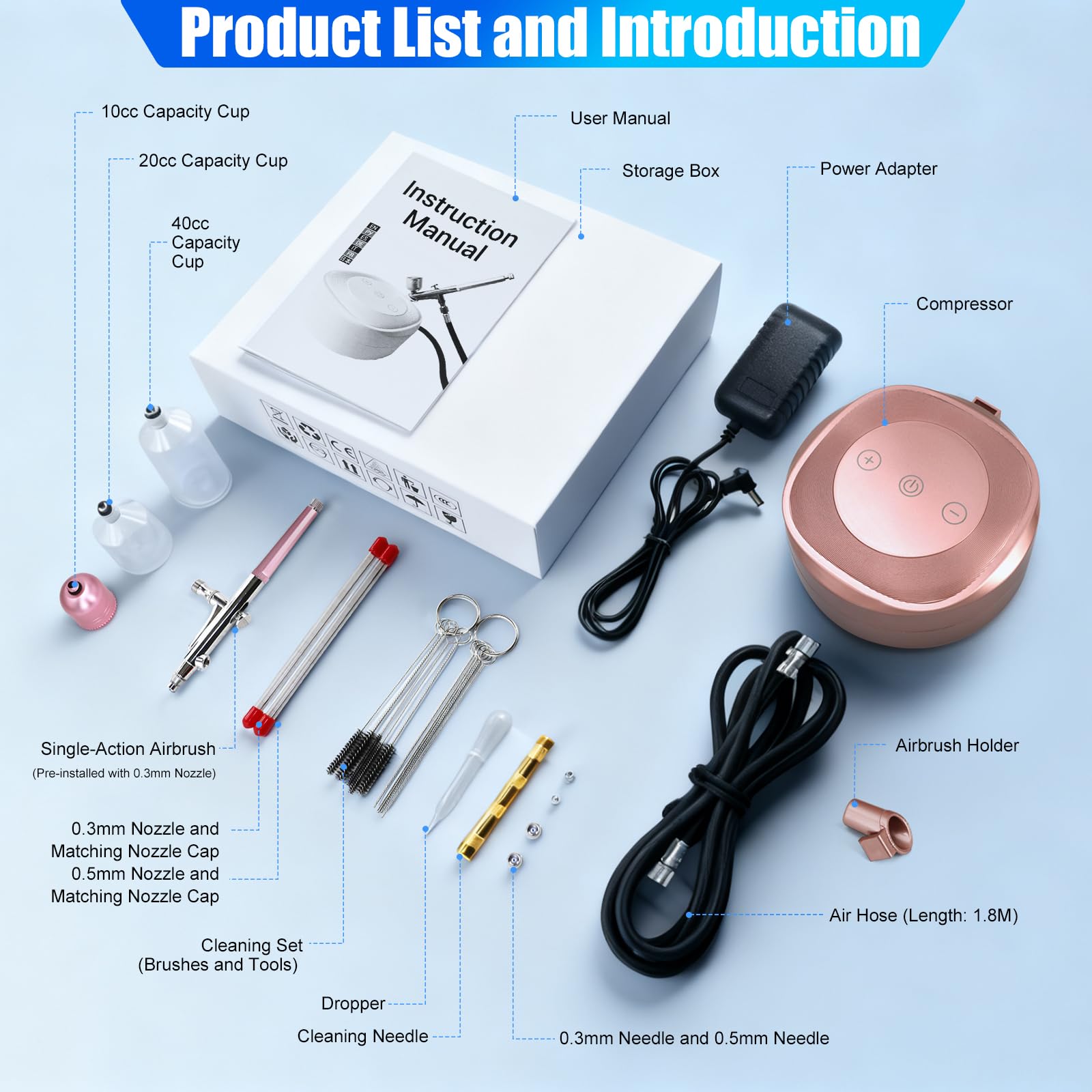 Kit de Aerógrafo Profesional con Compresor, Presión Ajustable 28/38/48 PSI, Boquillas 0.2/0.3/0.5 mm, Ideal para Uñas, Maquillaje, Pasteles, Tatuajes, Modelismo y Arte DIY (Rosa)
