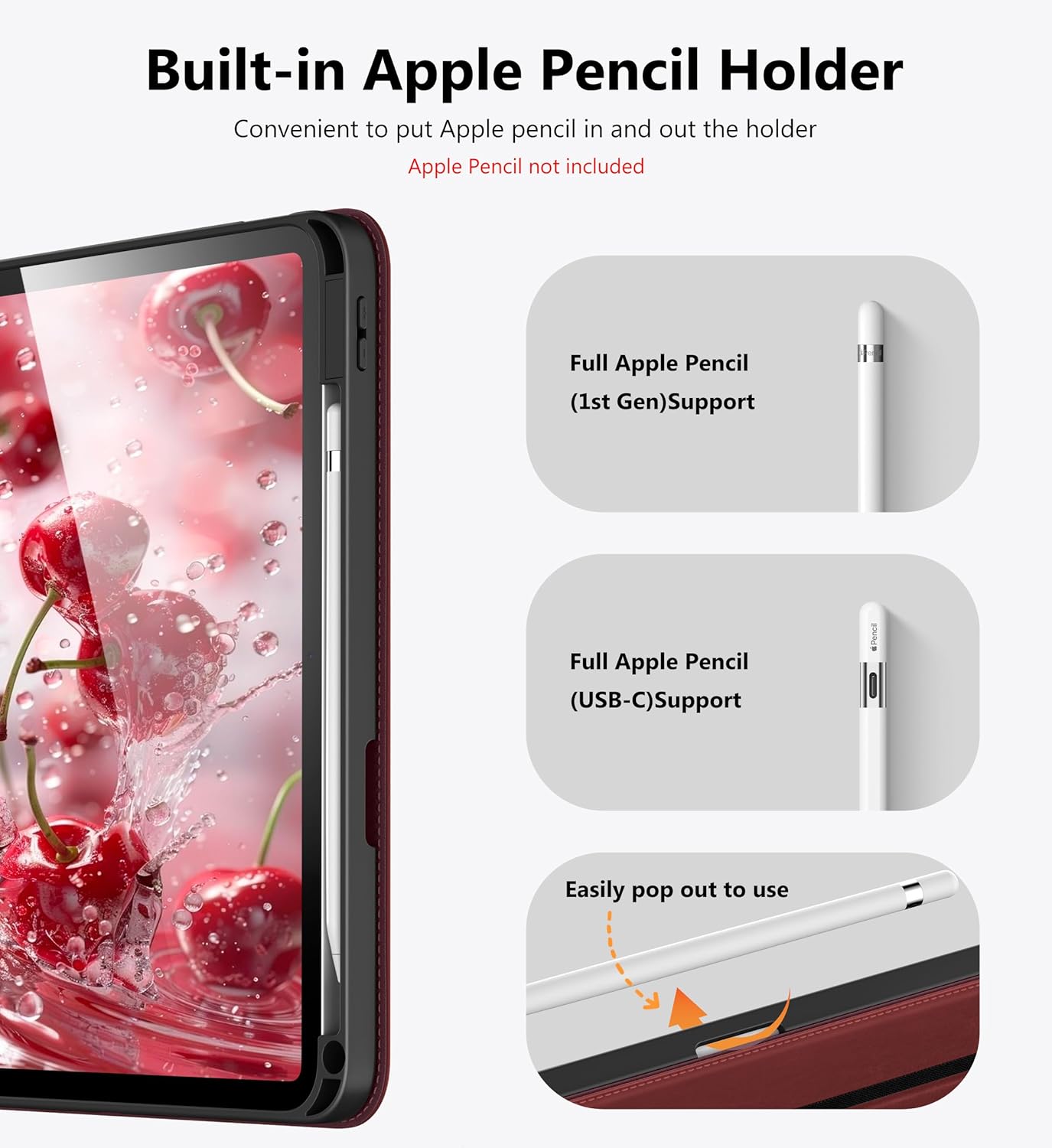 DTTO for iPad A16 Case, iPad 11th / 10th Generation Case (2025/2022), 360 Degree Rotating Premium Leather Folio Stand Cover with Pencil Holder, Burgundy Red