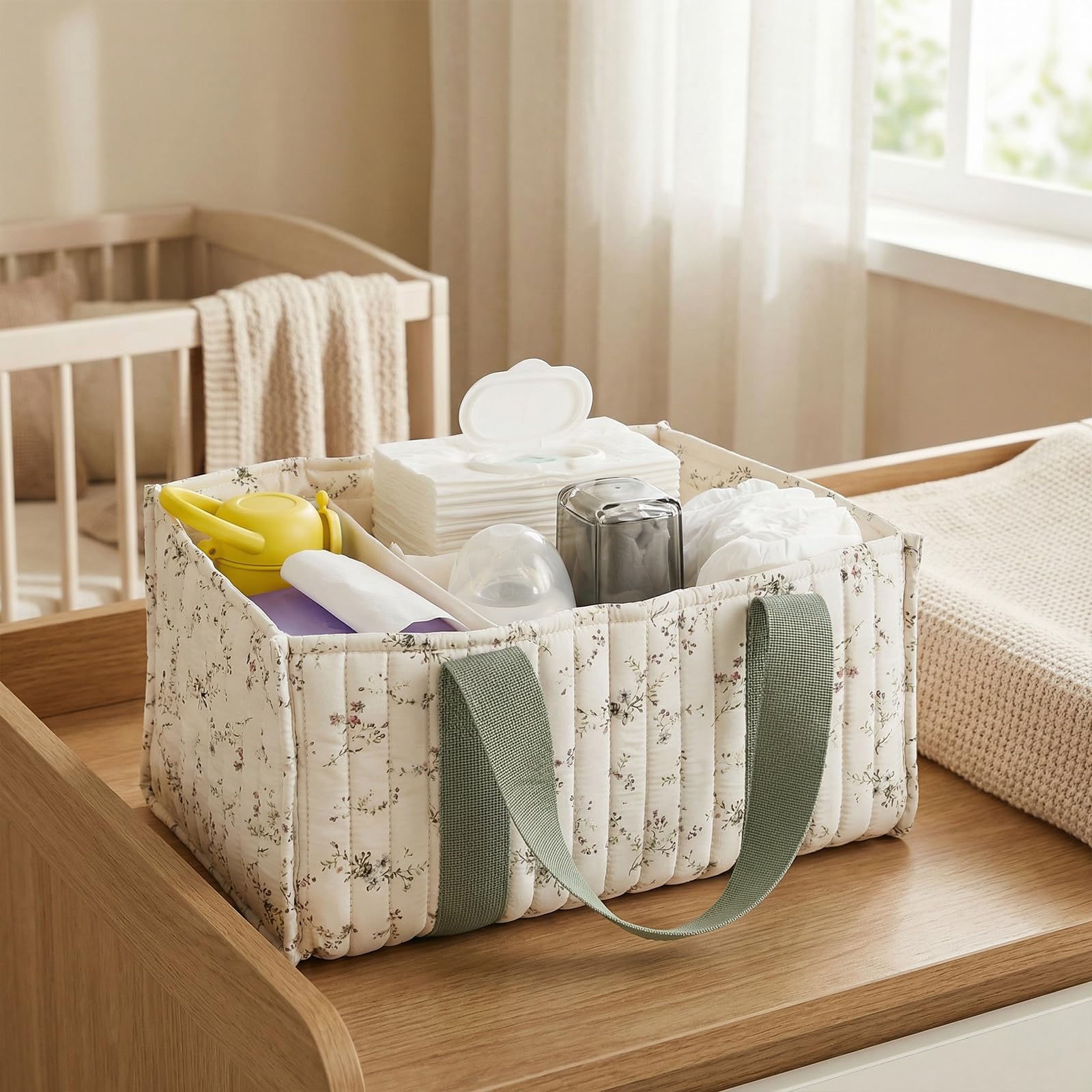 Floral organizer na pieluchy z uchwytem, stylowy kosz do przechowywania do pokoju dziecięcego z wyjmowaną ścianką działową