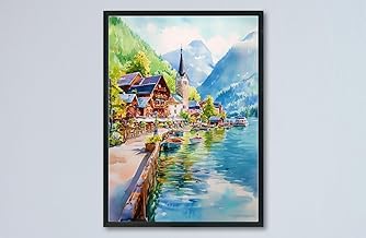 Hallstatt Watercolor Style Poster - Framed Wall Art Print of Austrian Lake Village, Scenic Hallstatt Landscape for Home Decor and Gift Ideas for Travel Lovers