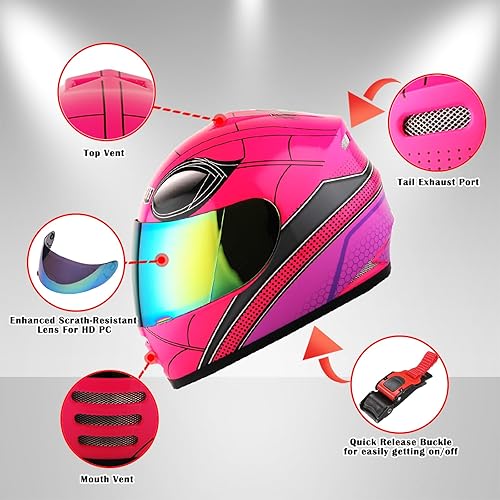 Miniatura 2 de WOW Casco Integral para Motocicleta Juvenil, Bicicleta de Calle, BMX MX, Niños, Araña Rosa + Paquete de Guantes Esqueleto MX