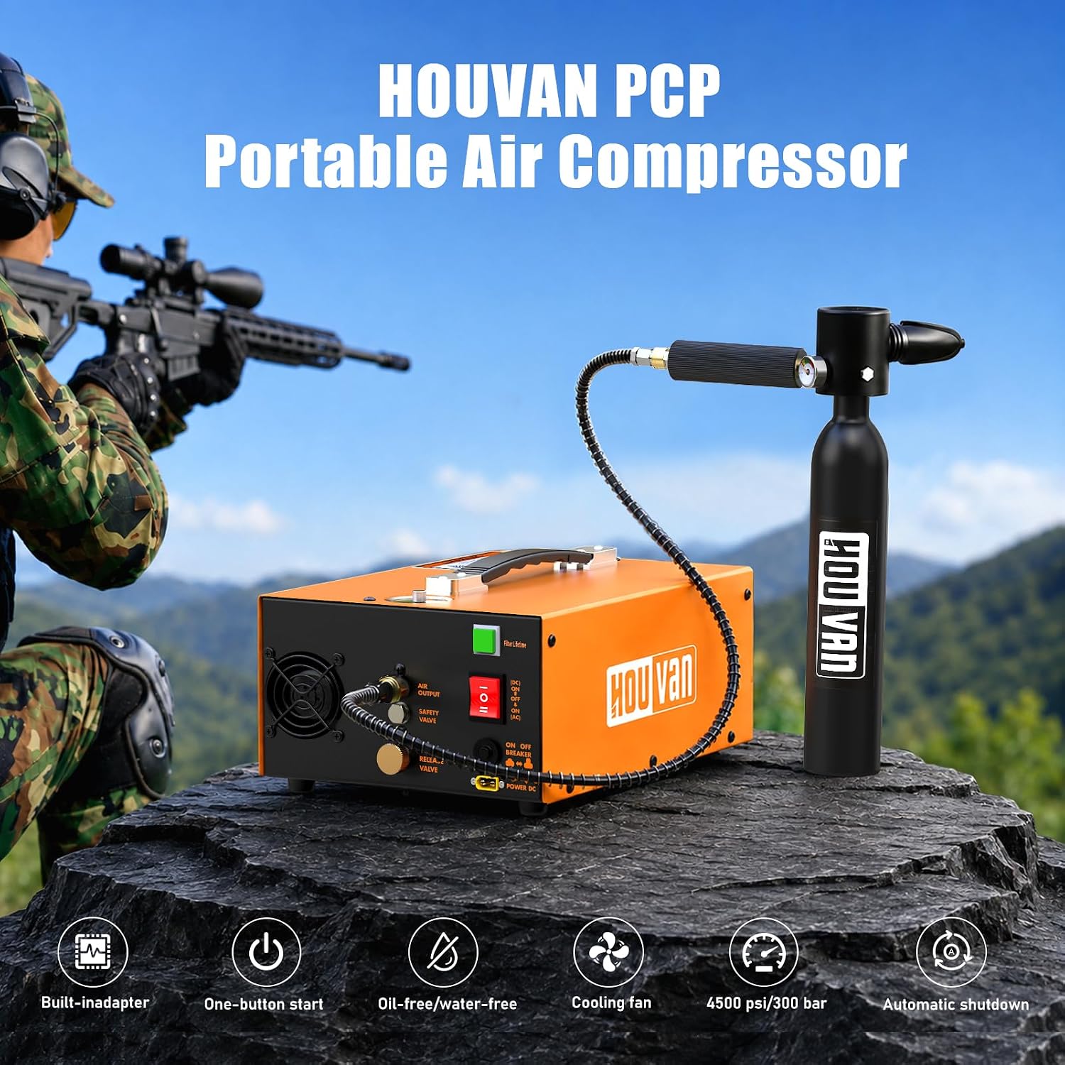 4500PSI 300Bar PCP Air Compressor Portable High Pressure Pump with Auto Shut-Off, DC12V AC110V Dual Power, Built-in Cooling Fan for Airguns, Paintball Tanks, Scuba Diving