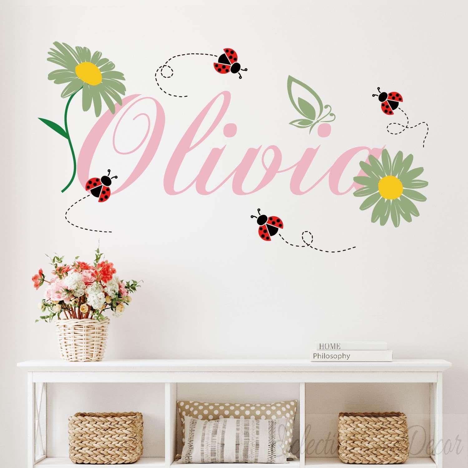 Personalized Girl Name Wall Decal - Daisy Flower & Ladybug Nursery Stickers, Removable Peel and Stick Wall Art for Baby Girl Room Decor.