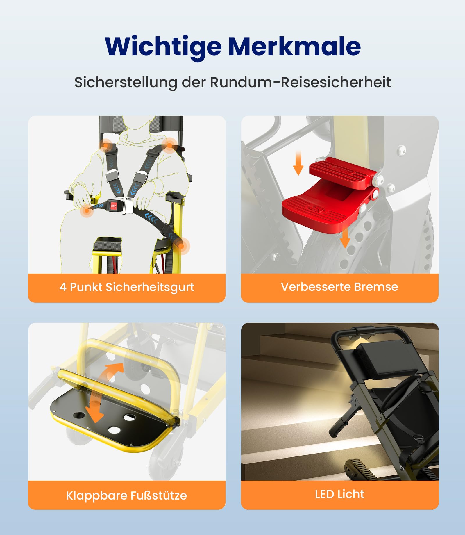 VOCIC Elektrisch Treppensteiger Rollstuhl Faltbar 220KG mit Gummikette AY04 | Elektrische Treppenhilfe Rollstühle für Senioren, Treppenlift Medizinische Rettungstrage mit LED Licht (Gelb)