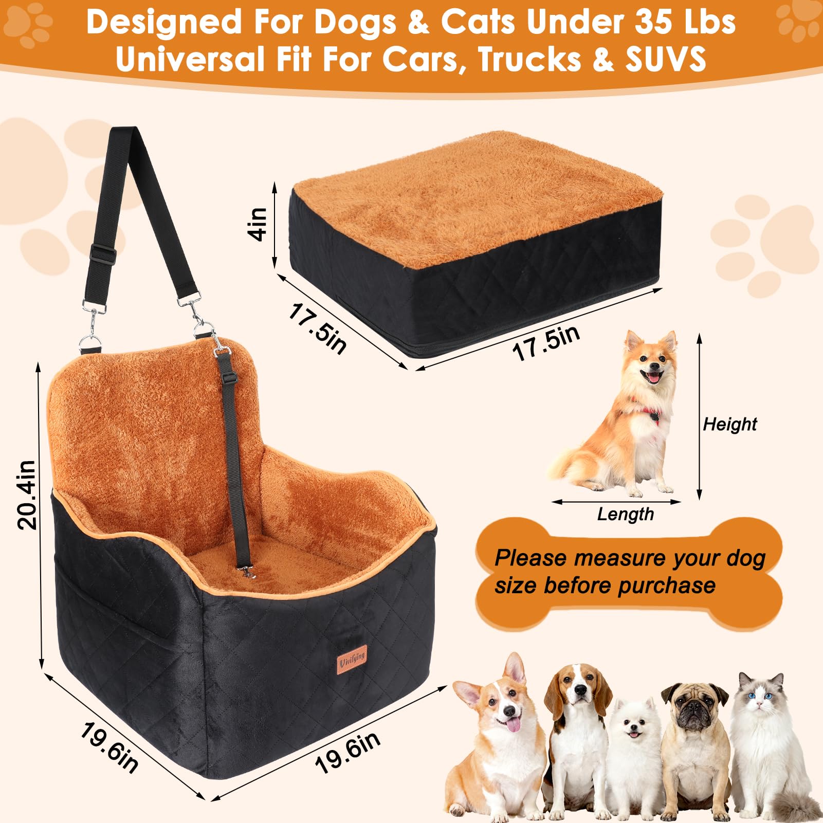 Vivifying Dog Car Seat for Small and Medium Dogs, 4" Booster Pet Car Seat with Safety Strap, Plush Travel Dog Bed for Car with Storage Pocket, Detachable Washable Cover, Fits Dogs up to 35lbs (Black) - image 5