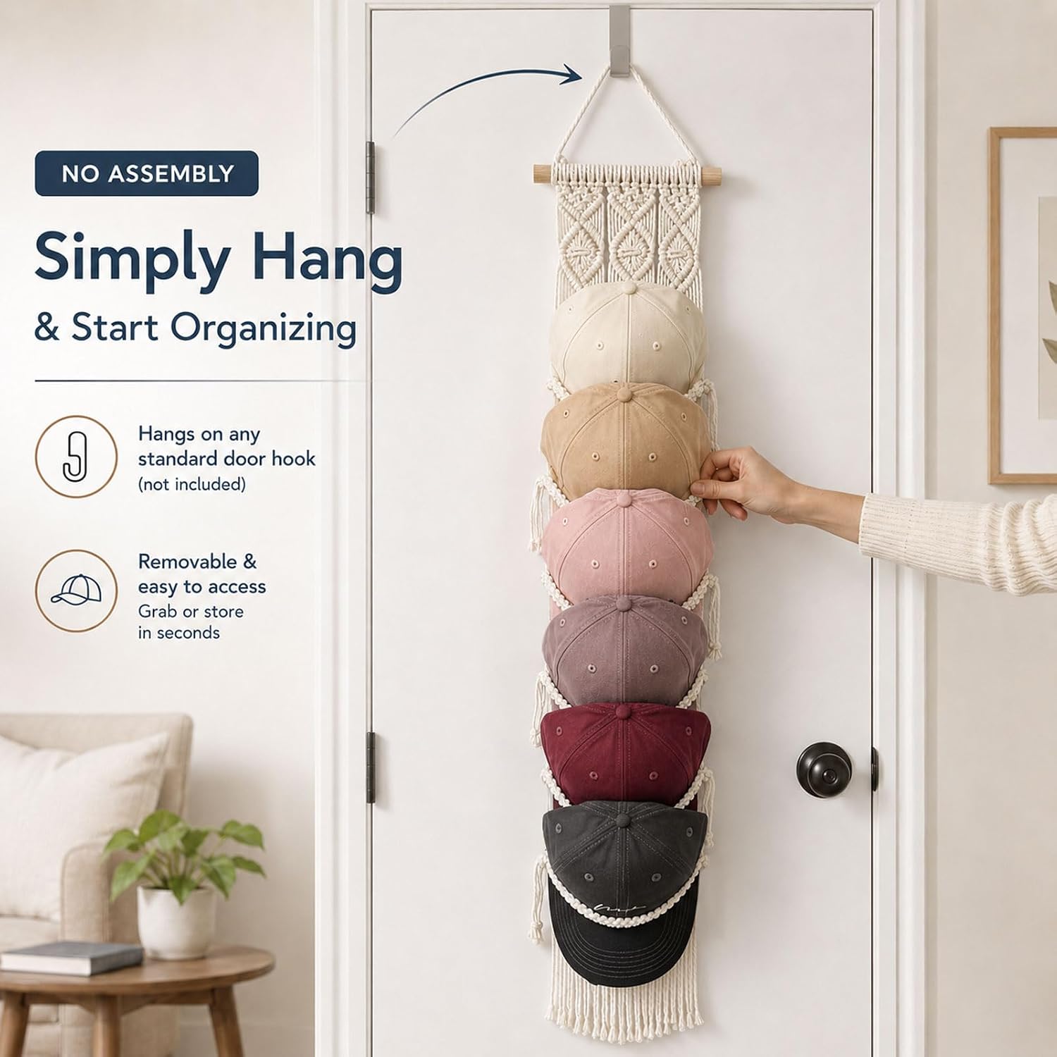 Besoamo Macrame Hat Rack for Wall, Handmade Cotton Rope Baseball Cap Organizer, Boho Hat Display Holder Space-Saving Cap Storage Rack for Bedroom Closet Over Door, Gift for Hat Lovers