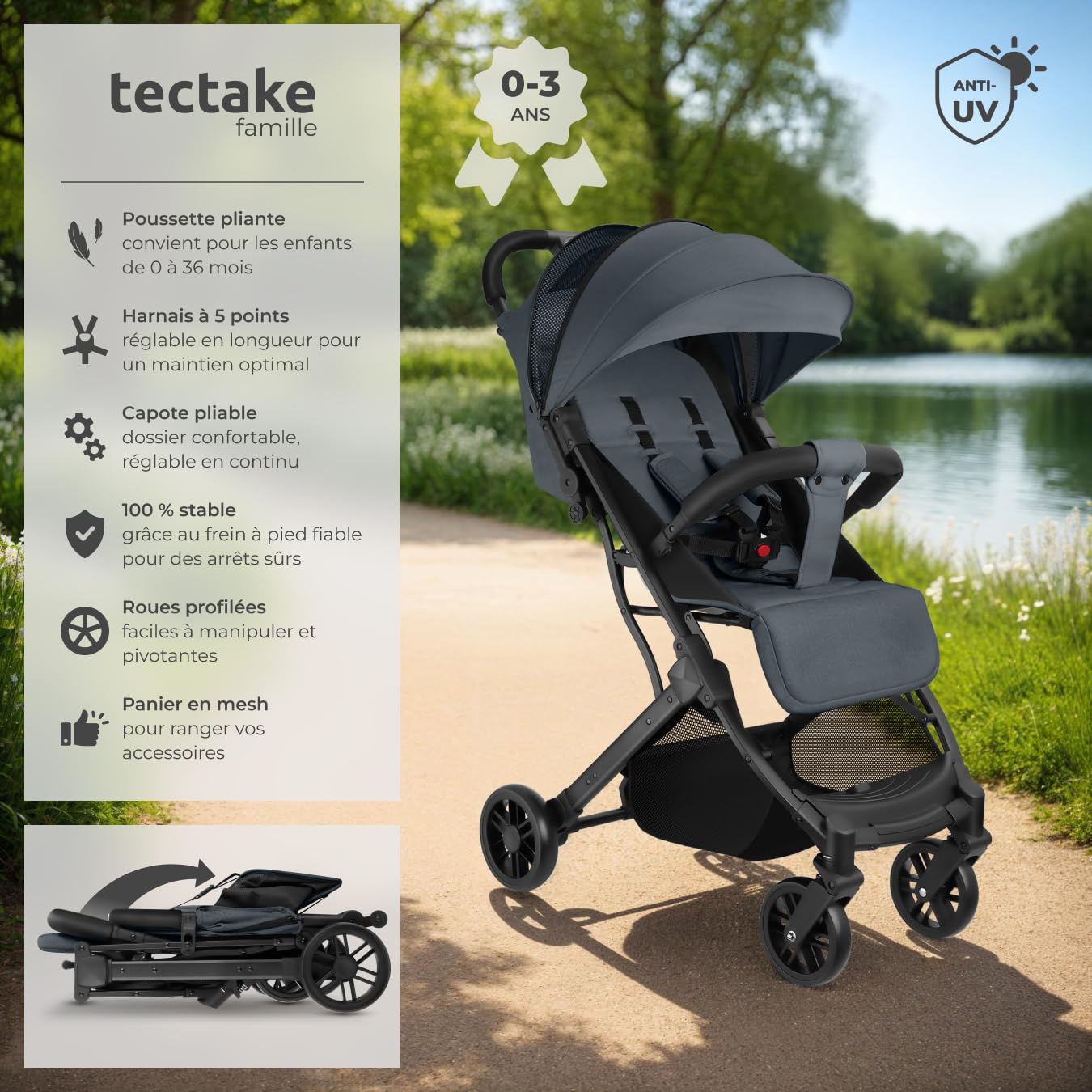 tectake® Poussette compacte 0-36 mois Pliable avec Panier de rangement Dossier inclinable Harnais 5 points Poussette compacte & légère Poussette voyage Accessoires Bébé Nouveau né Enfant Baby stroller