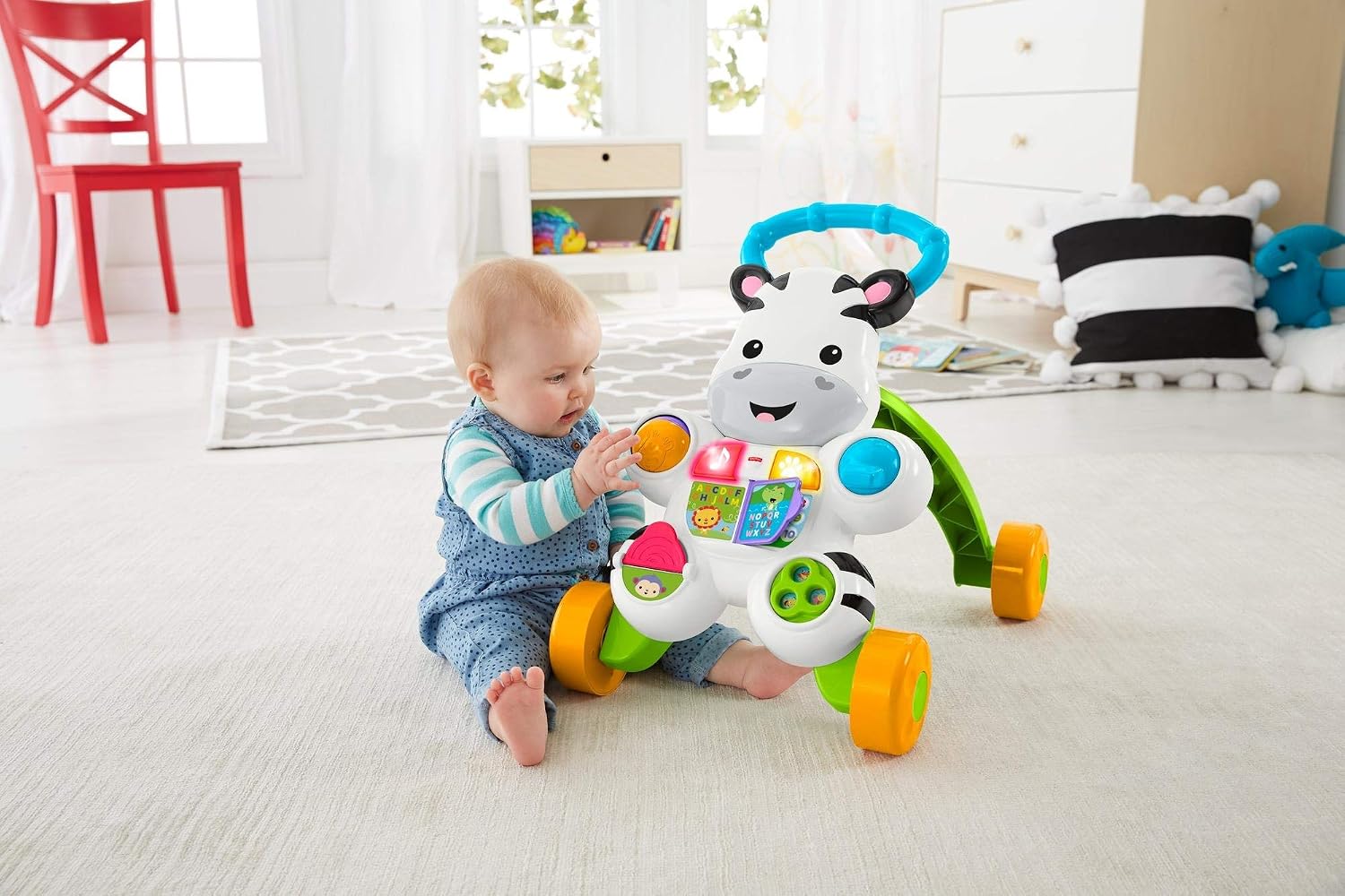 Child playing with Fisher-Price Zebra DLD80 while sitting