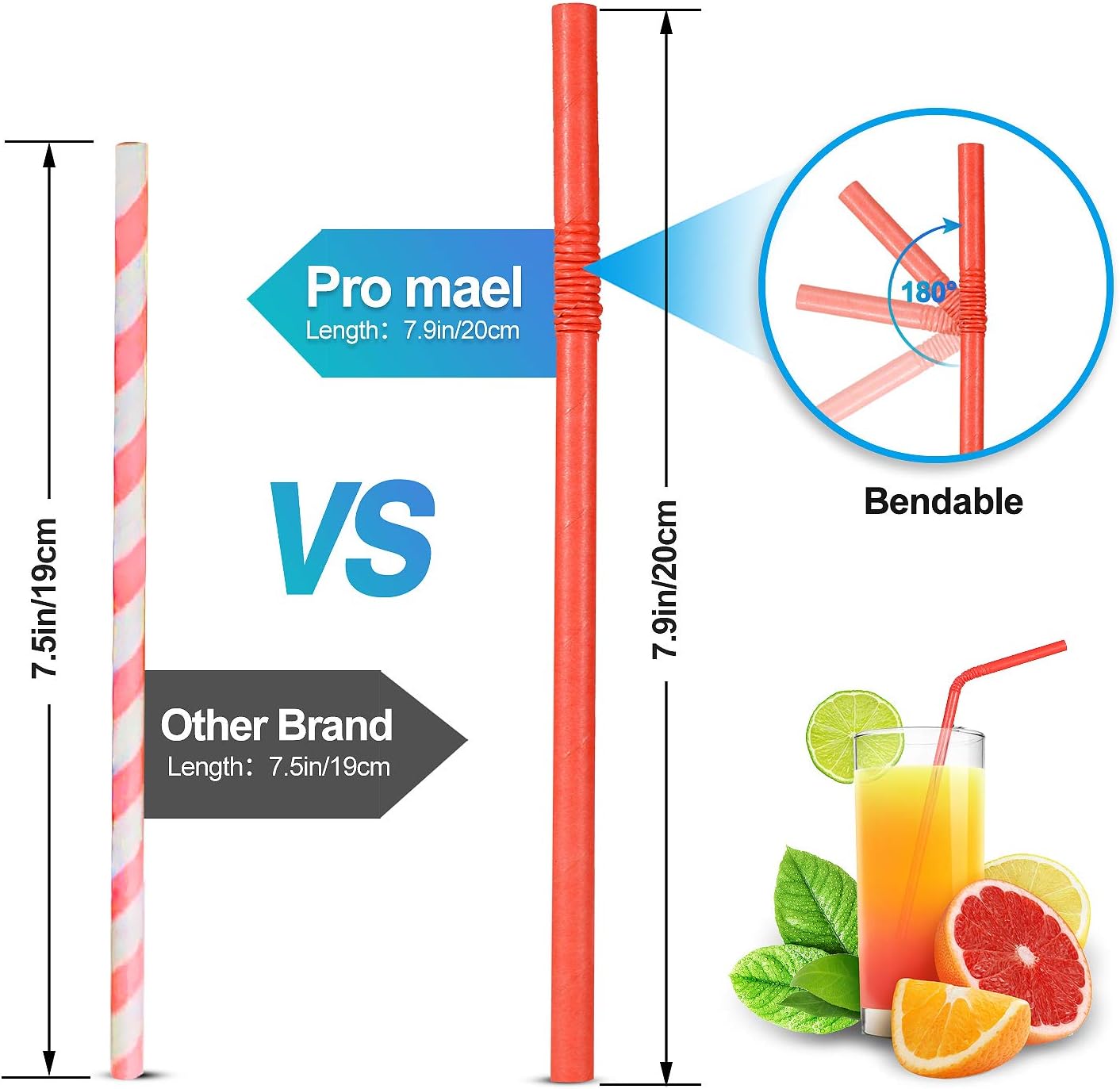 Pro Mael Paper Drinking Straws, Flexible Straws for Juices, Shakes, Smoothies, Disposable Straw for Birthdays, Weddings & Party (200 Pack, 5 Colors)