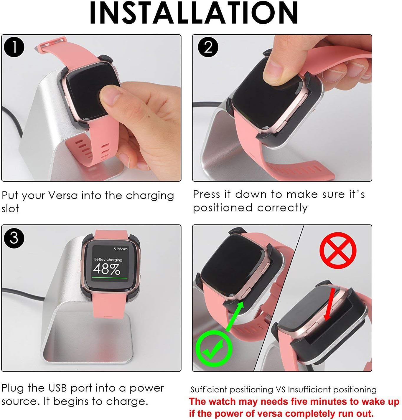 KIMILAR Charger Dock Compatible with Fitbit Versa/Fitbit Versa Lite, Premium Aluminum Charger Cradle Charging Station Holder with 4.2ft USB Stand Cord (Not for Versa 2), Silver