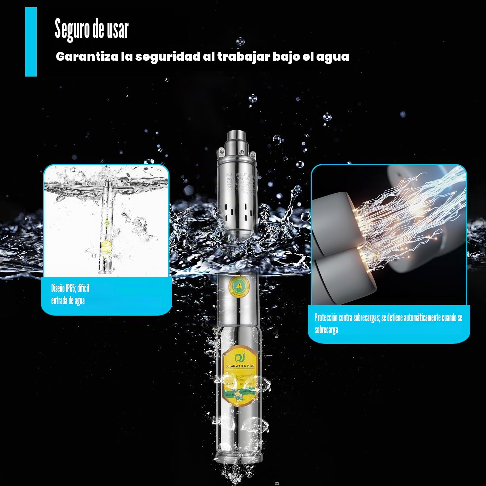 Bomba solar para pozos profundos, CC 24 V, 370 W, carcasa de acero inoxidable, bomba sumergible de 65 m, caudal nominal de 2 m³/h, bomba de agua sumergible para pozos, riego de granjas