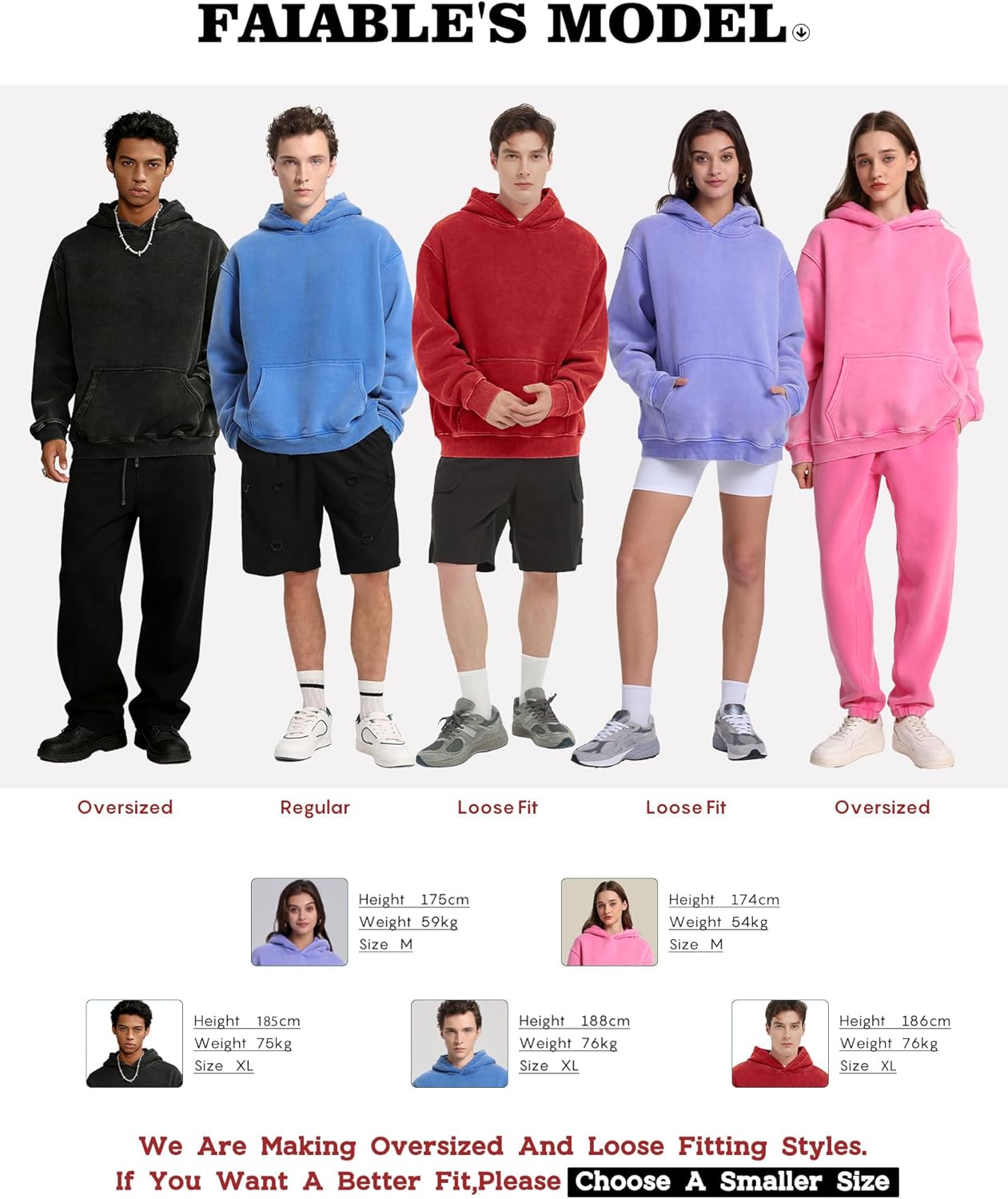 FAIABLE Mens Hoodies Oversized Unisex Acid Wash Hoodie Heavyweight Fleece Vintage Cotton Sweatshirt Men Women Streetwear