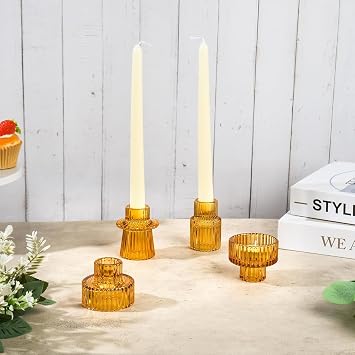 Candle Holders Set of 3, Votive Glass Candle Stick Holders, Pillar Taper Decor Centerpiece for Table,Crystal Tea Light Candle Holders for Home Dinning Wedding Party Festival (3, Amber)