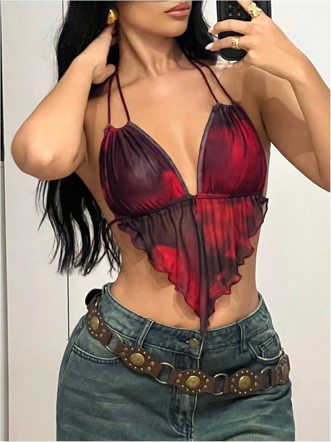 SweatyRocks Women's Y2k Mesh Halter Crop Tops Tie Backless Asymmetrical Ruffle Sexy Going Out Tops - Image 5