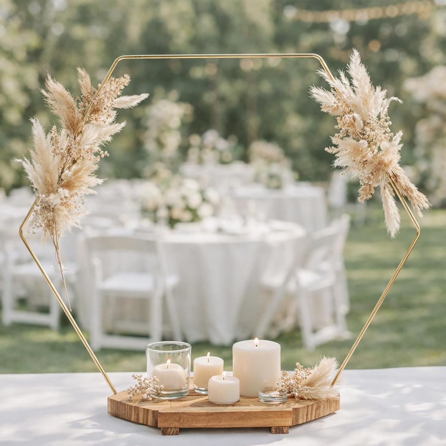4 Pack Hexagonal Floral Hoops with Stand 14 Inch Wedding Cake Stand Metal Rings for DIY Centerpiece Table Decorations Crafts Wreath Wedding Birthday Wreath Candle Rings, Gold