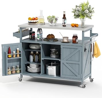 Zevemomo Outdoor Grill Cart with Storage, Stainless Steel Tabletop Outdoor Kitchen Island, Fir Wood Outdoor Buffet Cabinet with Lockable Wheels for Grilling, Gray-Blue