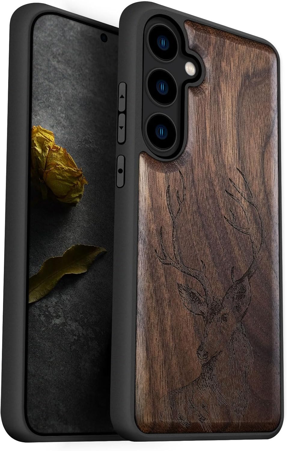 Carveit Wood Case for Galaxy S24 Case [Natural Wood & Black Soft TPU] Shockproof Protective Cover Unique Wooden Design Compatible with Samsung S24 (Deer Head-Walnut)