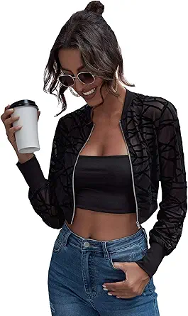 Women's Casual Mesh Lightweight Zip Up Geo Crop Bomber Jacket Coat