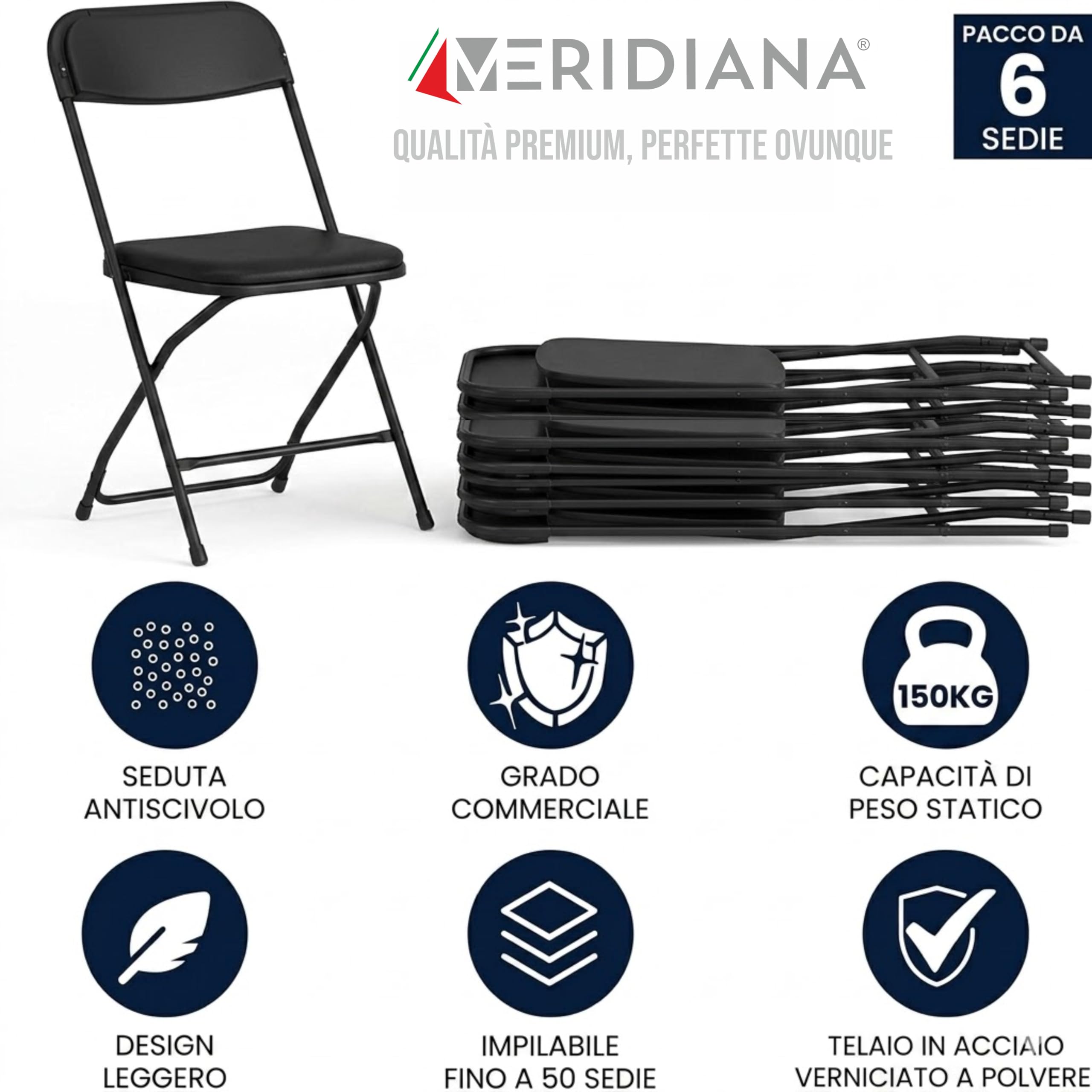 Meridiana Set 6 sedie Pieghevoli in Metallo con Seduta in Ecopelle, sedia pieghevole, salvaspazio, per Casa, Ospiti, ufficio, sedie pieghevoli da interno e Campeggio