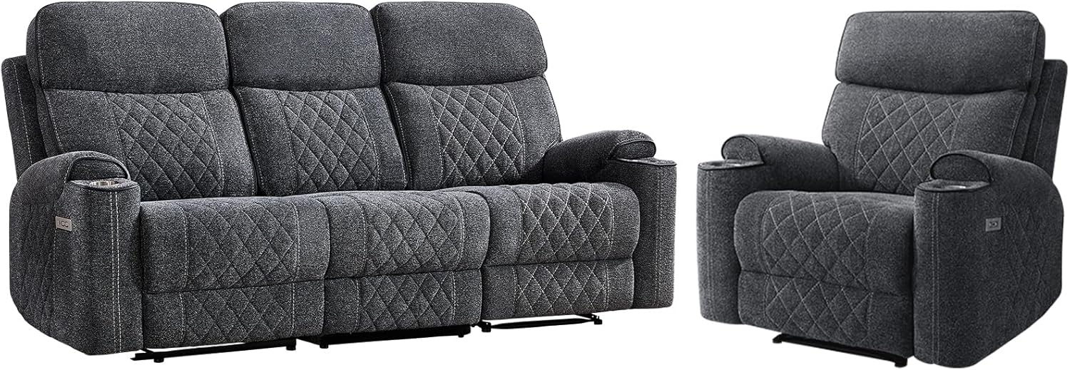 2-Piece Electric Recliner Sofa Set with Charging Port, Include Single Power Reclining Chair and 3-Seater Reclining Sofa for Living Room, Dark Grey