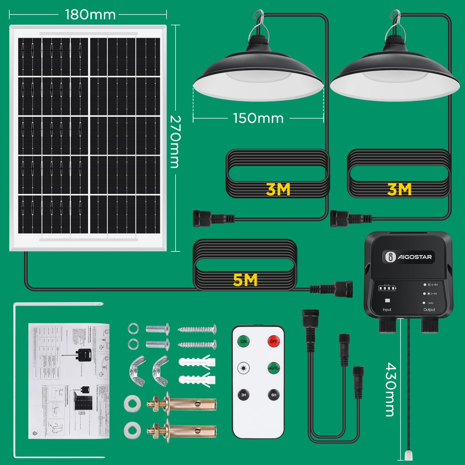 Aigostar - Luz solar exterior con mando a distancia y cuerda de tracción，cable de 11 m，batería de gran capacidad de 6000 mAh，IP65.Luz solar para interior/exterior，jardín，camping，2 lámparas