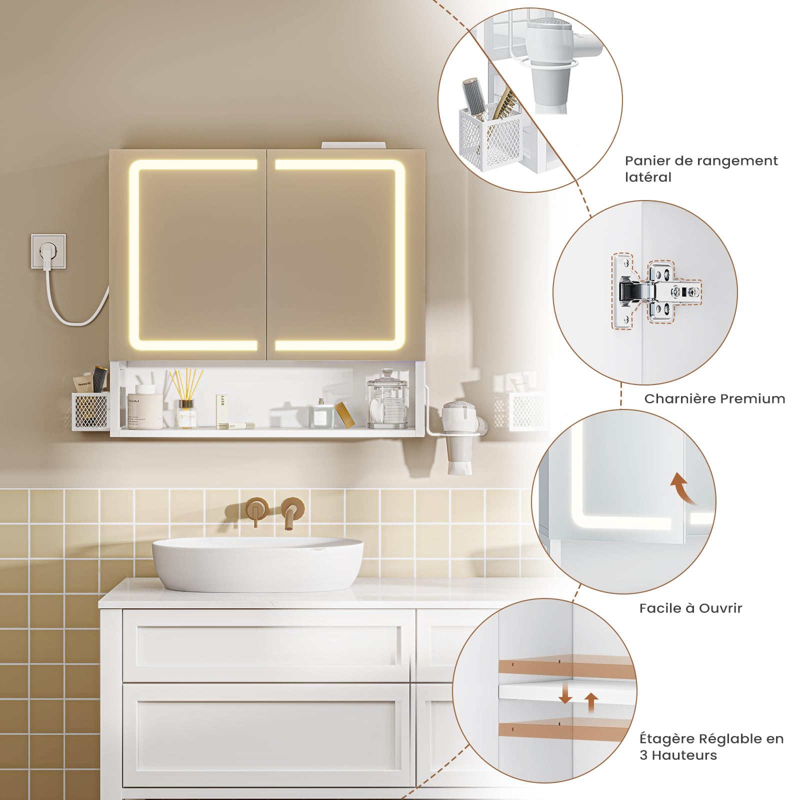 Armoire Murale Salle de Bain avec Éclairage LED et Prises, Armoire de Toilette Miroir avec Étagère Réglable, Température de Couleur Réglable, Meuble de Salle de Bain 60x16x60cm, Blanc