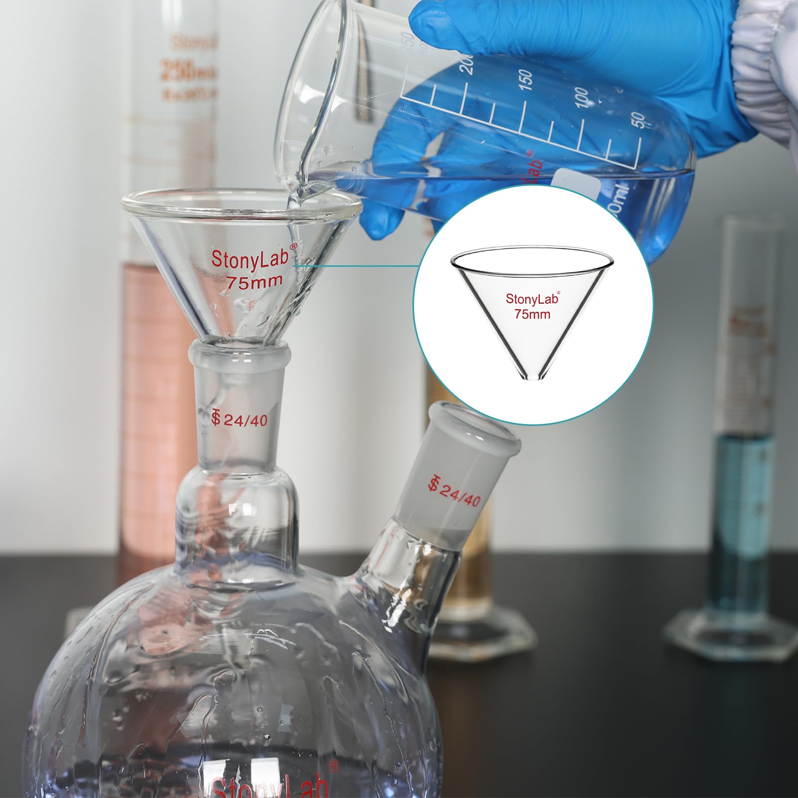 stonylab Imbuto di Vetro, Imbuto Senza Stelo in Vetro Borosilicato Addensato con Diametro Interno di 75 mm per Uso in Laboratorio