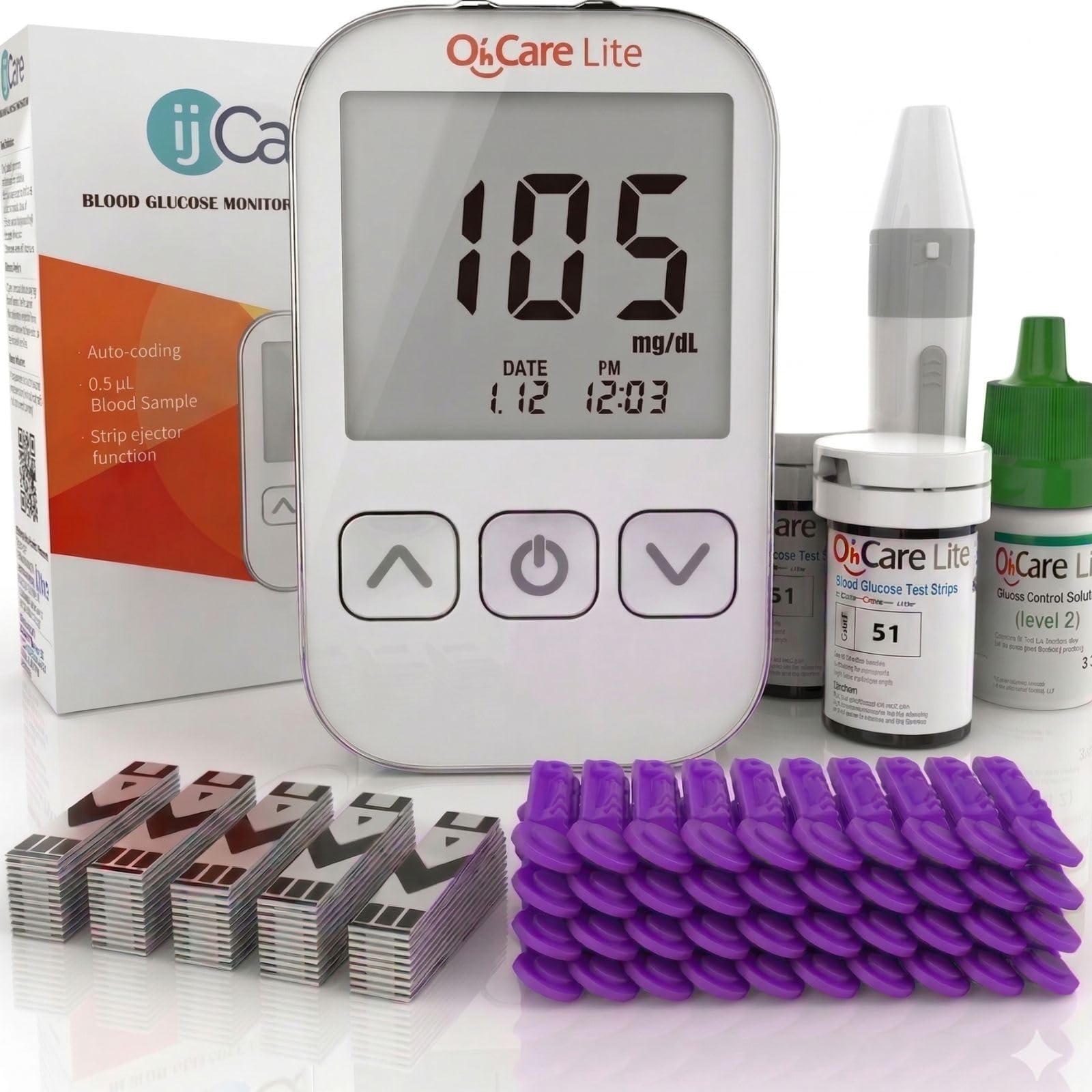 Oh 'Care Lite Diabetes Testing Starter Kit - Oh 'Care Lite Meter, 100 Oh 'Care Lite Blood Glucose Test Strips, 100 Lancets 30G, Lancing Aid, Control Solution, Operating Guide, Logbook & Carry Case