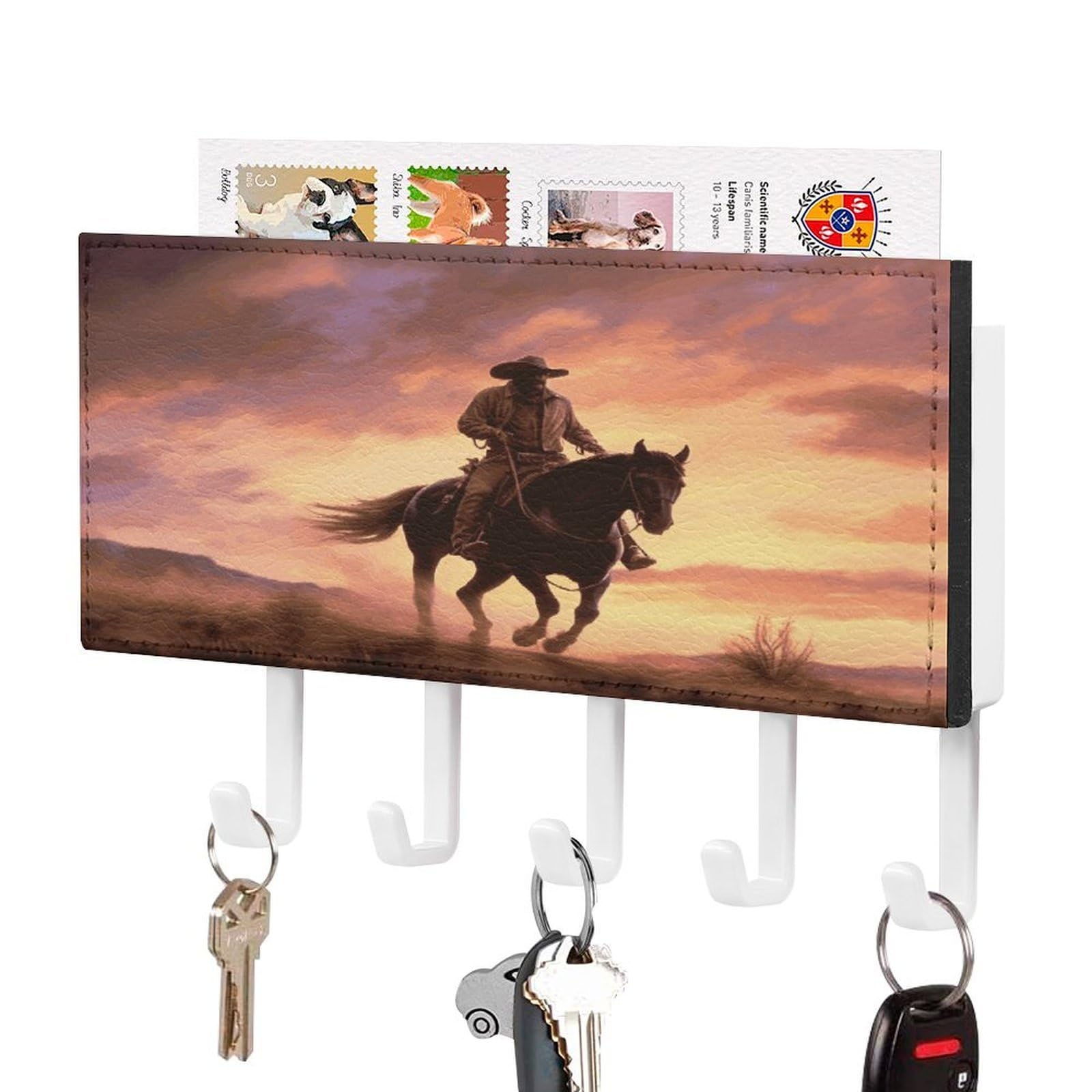 Vstadank White-Style Cowboy West Key Holder For Wall Decorative Mail Organizer Exquisite Coat Rack Pu Wall Mount Adhesive Keys Rack With Tray&5 Key Hook For Door Hallway Entryway Decor