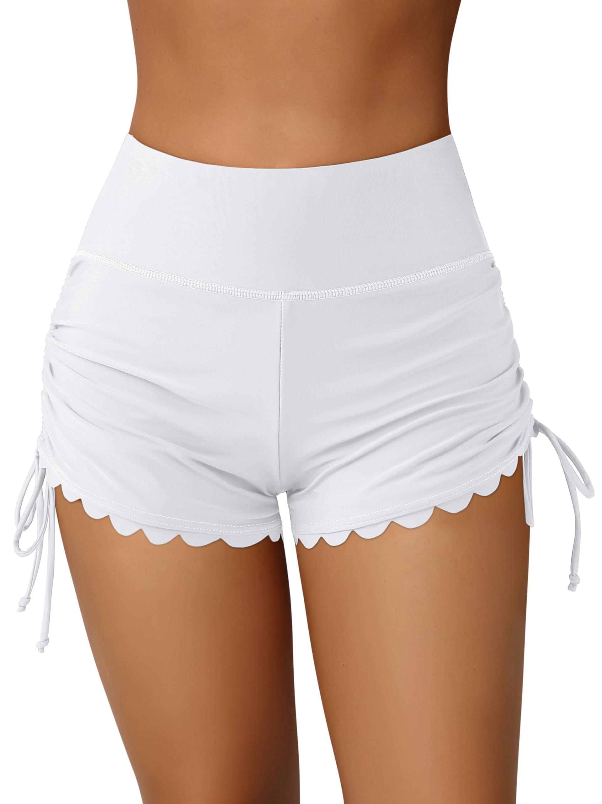 ATTRACO Women Swim Shorts High Waisted Swimsuit Shorts Scalloped Tie Side | Scallpoed Hem, High Waisted, Tummy Control, Full Liner, Drawstring Side, Quick Dry, Elastic Fabric, Swimming, Beach Wear