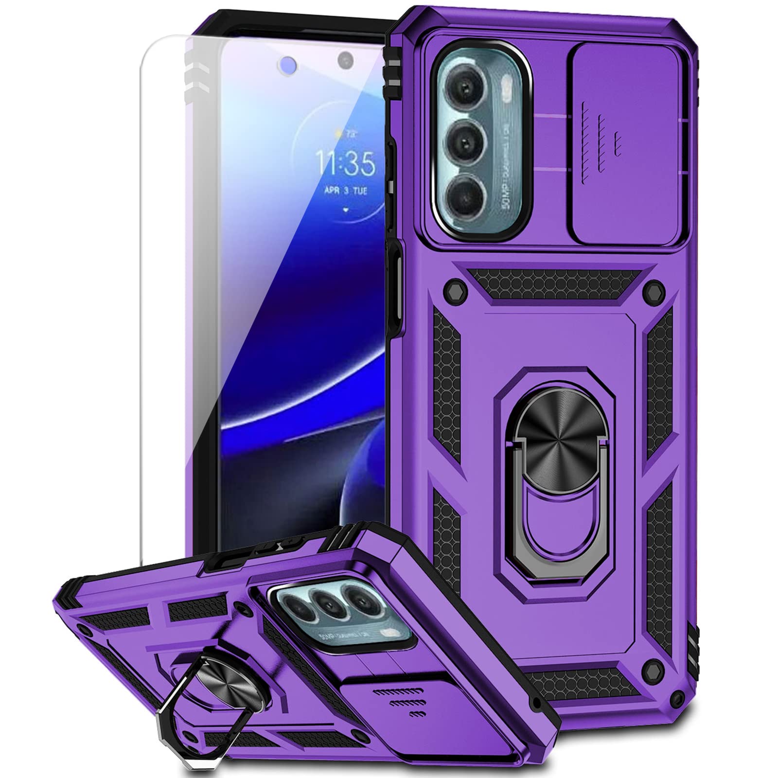 for Moto G Stylus 5G 2022 Case with Slide Camera Cover HD Screen Protector [Military Grade Drop Tested] Magnetic Ring Holder Kickstand Protective Phone Case for Motorola Moto G Stylus 5G 2022, Purple