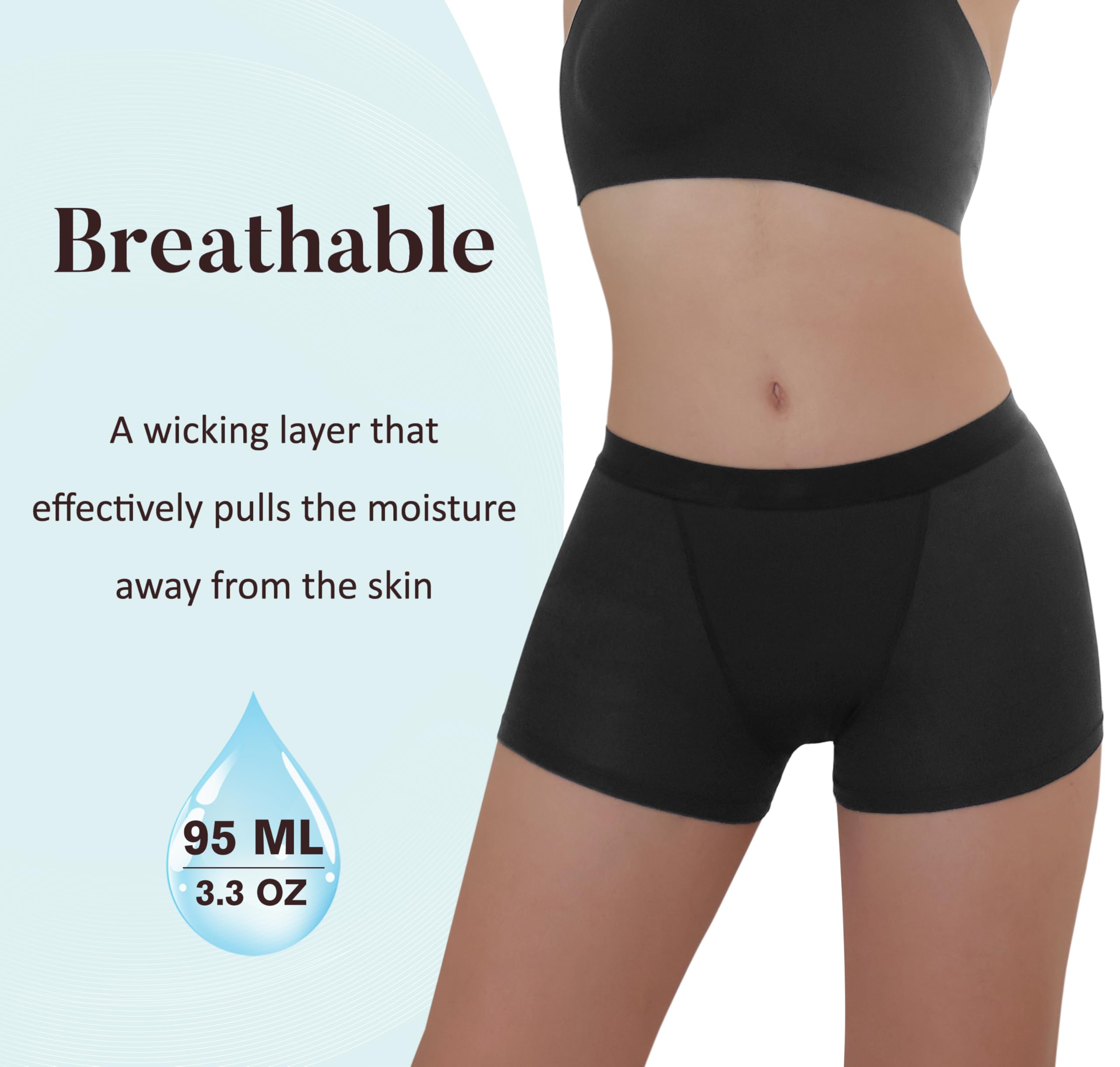 AIRCUTE Waschbare, super saugfähige Harninkontinenz-Unterwäsche für Damen, auslaufsicher, Nachtgebrauch, Jungen-Shorts, 94 g, 3er-Pack (Schwarz, M)