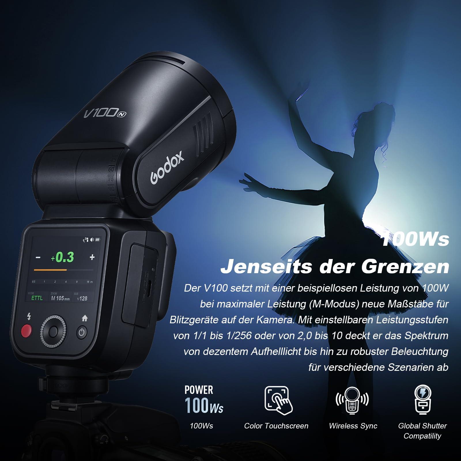 Godox V100N Flash TTL Speedlite 100Ws Testa Rotonda Flash per Nikon Fotocamera (V100-N)