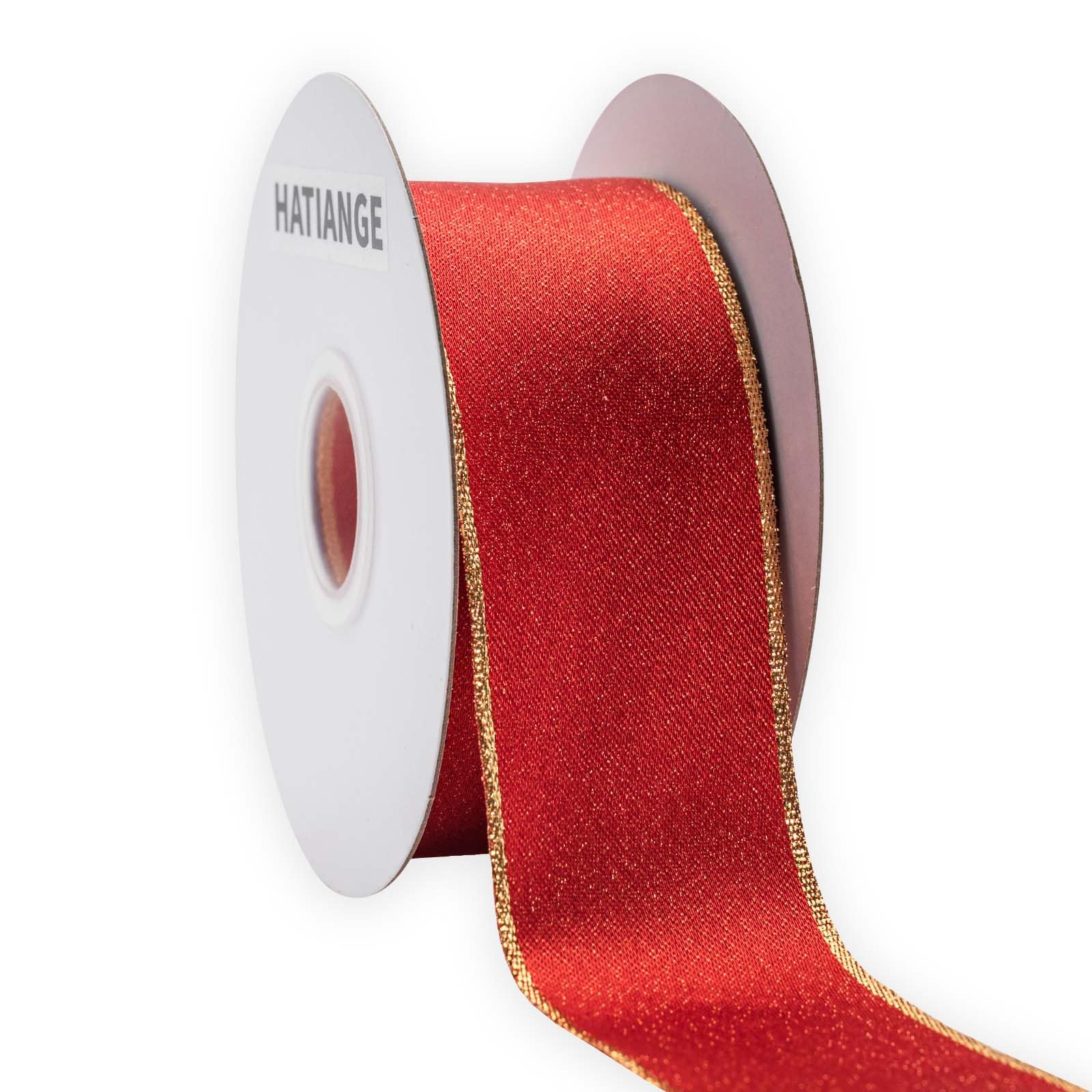 HATIANGE Wired Red Satin Ribbon with Gold Edge Lurex, 3.8CM X 9 Meters, for Christmas Gifts Wreath Wedding Decoration