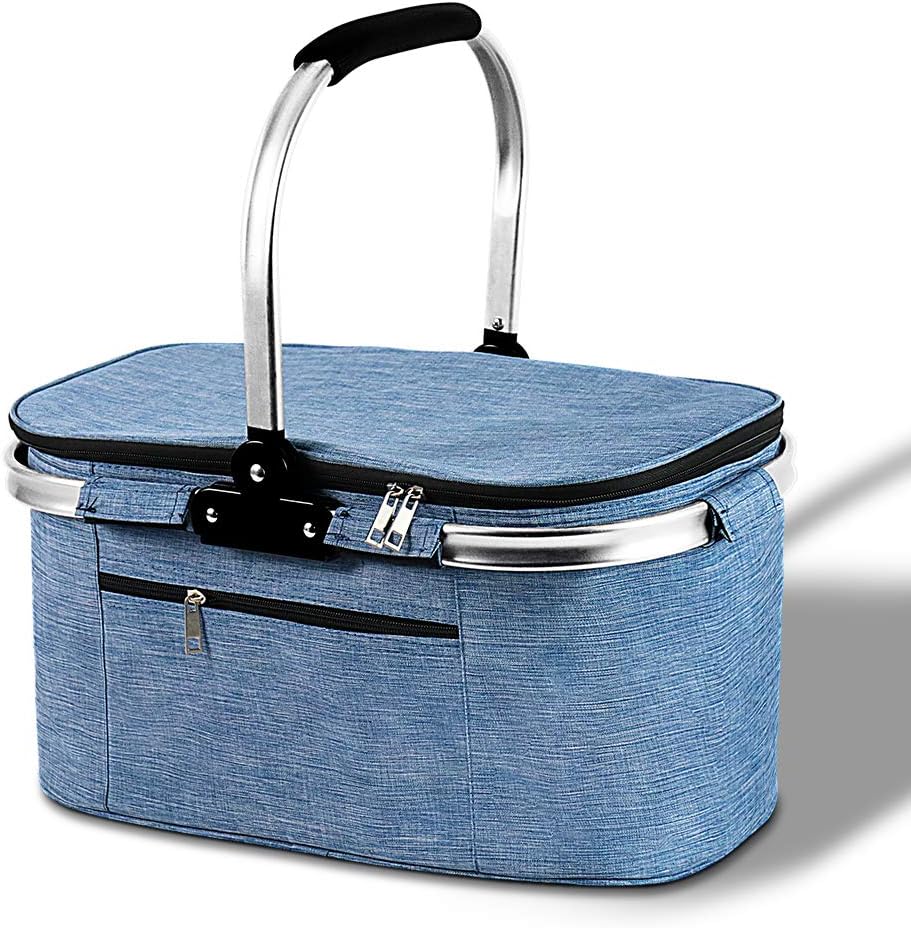Picnic Basket Insulated Picnic Bag Foldable Cooler Bag Large Capacity Lunch Basket Waterproof Lunch Tote for Women Men for Grocery Outdoor Beach Travel Camping BBQ Party 30 Length Blue