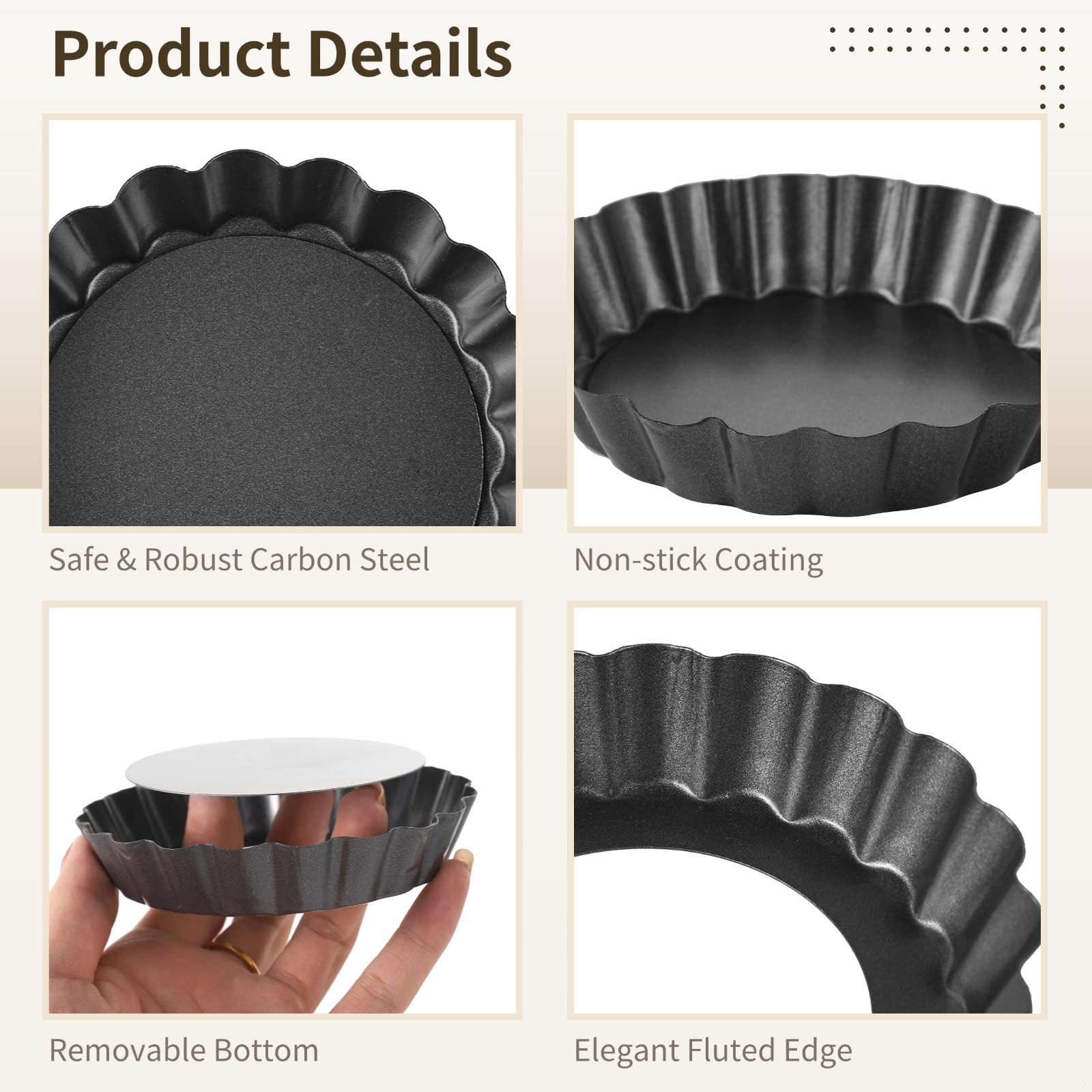 Lot de 16 mini moules à tartelettes ronds en acier au carbone de 10 cm avec fond amovible, moules cannelés antiadhésifs pour quiche, tarte, mousse et pizza desserts
