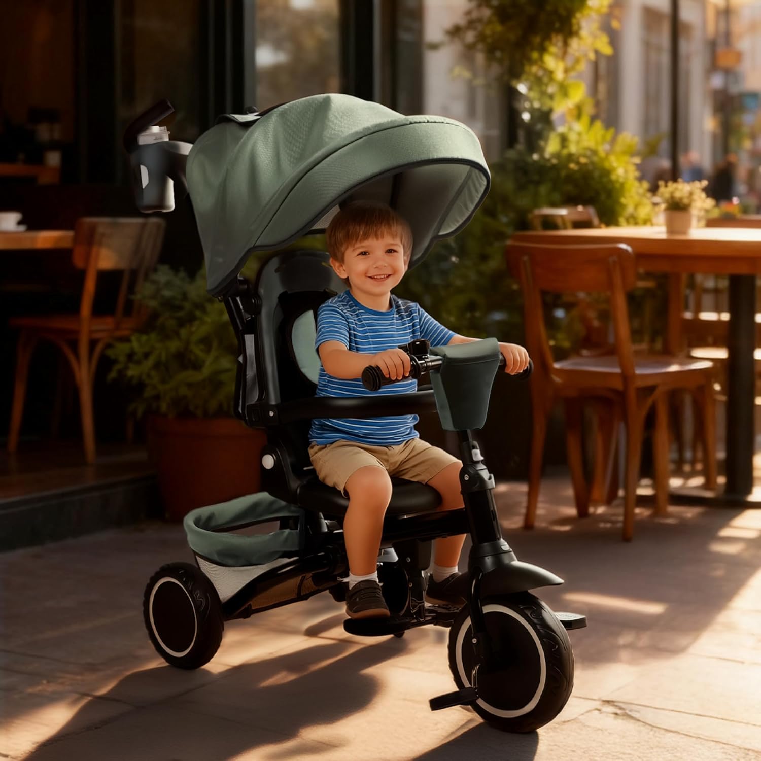 8 in 1 Kids Tricycle, Folding Toddler Tricycle w/Reversible Seat, Adjustable Push Rod & Canopy, Baby Trike Toddler Bike w/Bell, 5-Point Harness, Extra Storage, Cup Holder, Dark Green