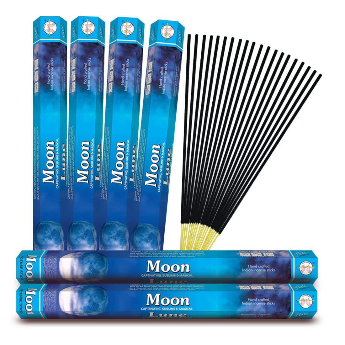Flute Moon Premium Incense Sticks | 9" Inch Agarbatti Sticks with 40 Mins Burning time | Woody, Powdery, Floral, Fresh, Amber, Cologne Fragrance | 20 Sticks/Pack, 6 Packs/Box, 120 Sticks/Box
