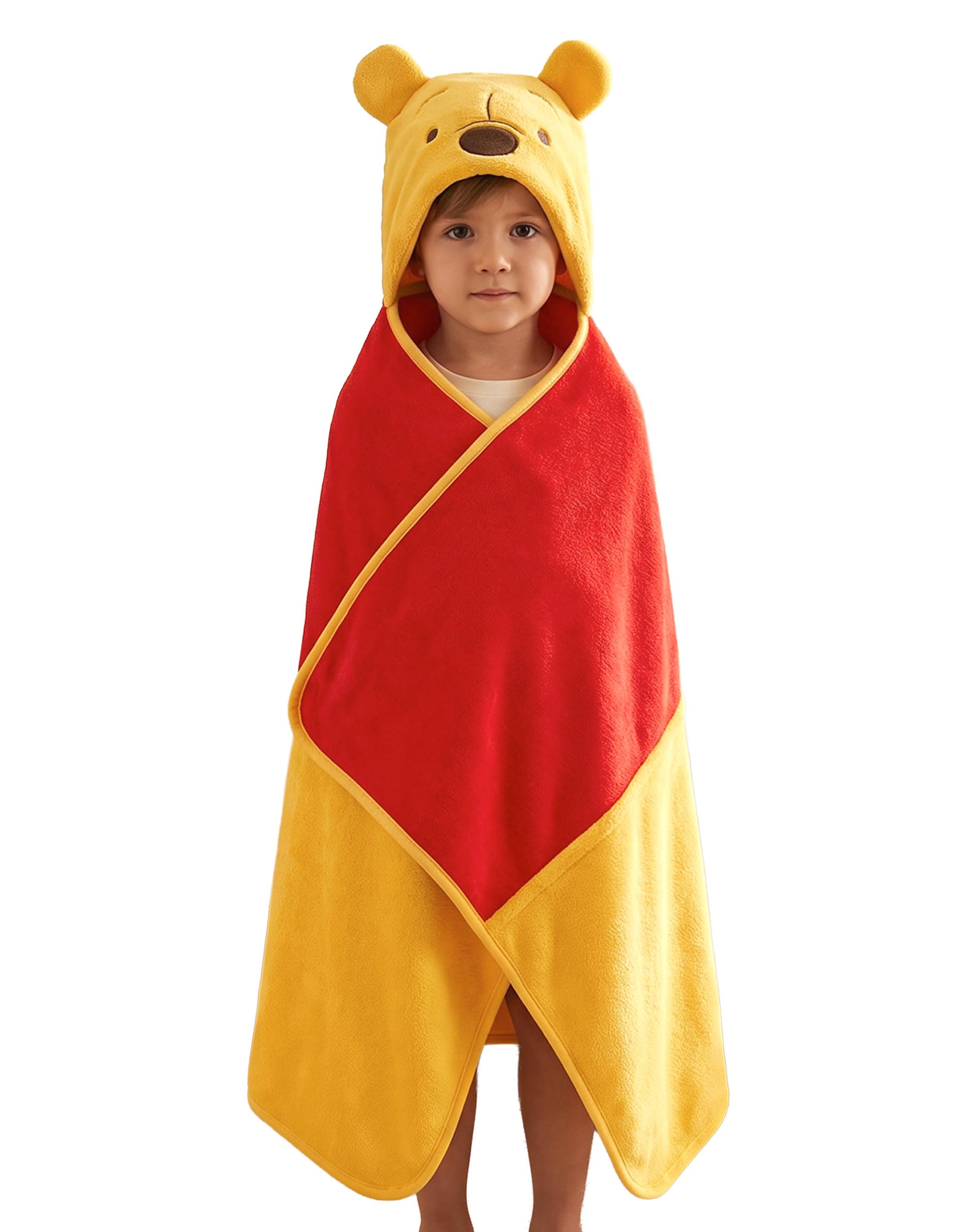 Disney Winnie the Pooh Kids Red Yellow Hooded Blanket | Poncho Fleece Wrap with 3D Bear Ears | Character Hood Snuggle Blanket | Cosy TV & Sofa Throw for Children Merch