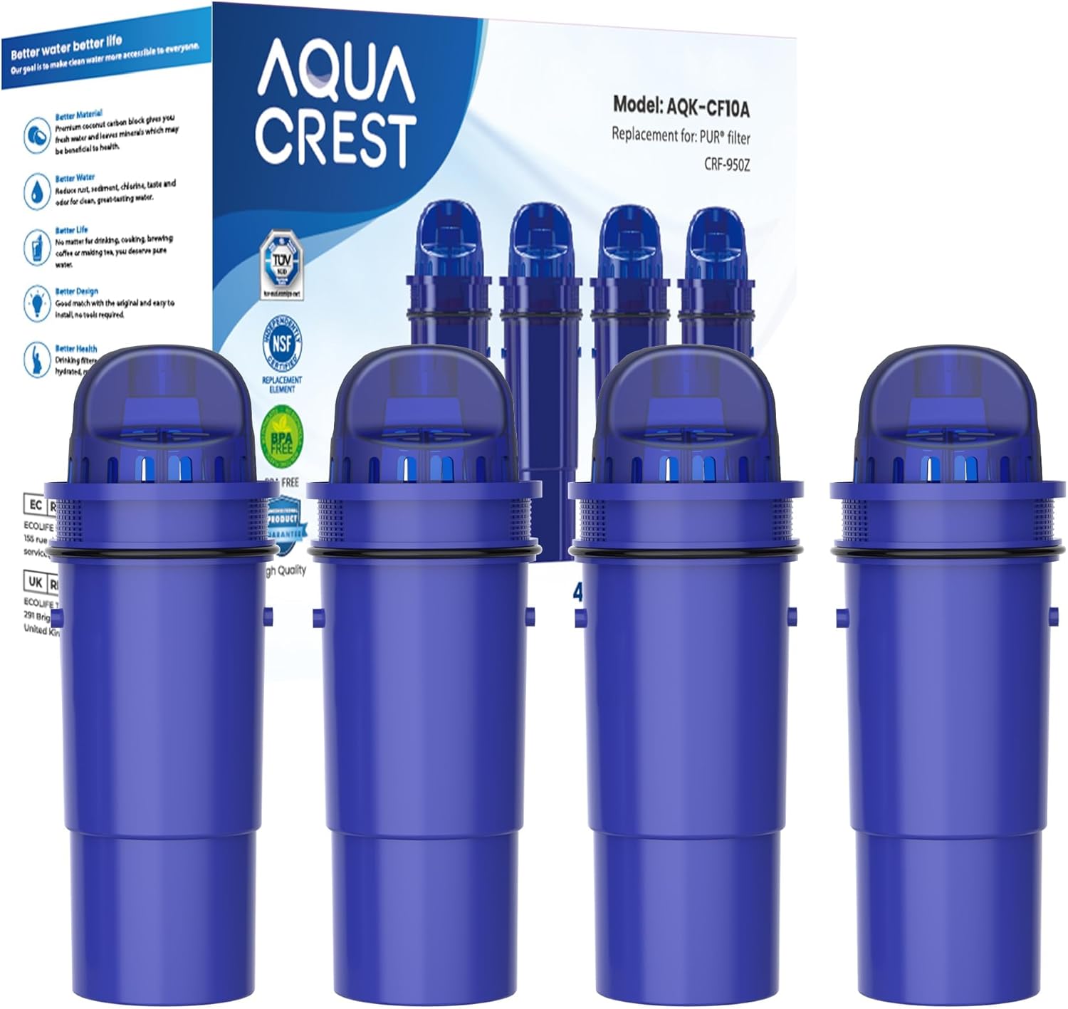 Aqua Crest NSF Certified PUR Pitcher Filter Replacement 4-Pack - Compatible with CRF950Z, PPF951K, PPF900Z & More - Reduces 96.5% Chlorine