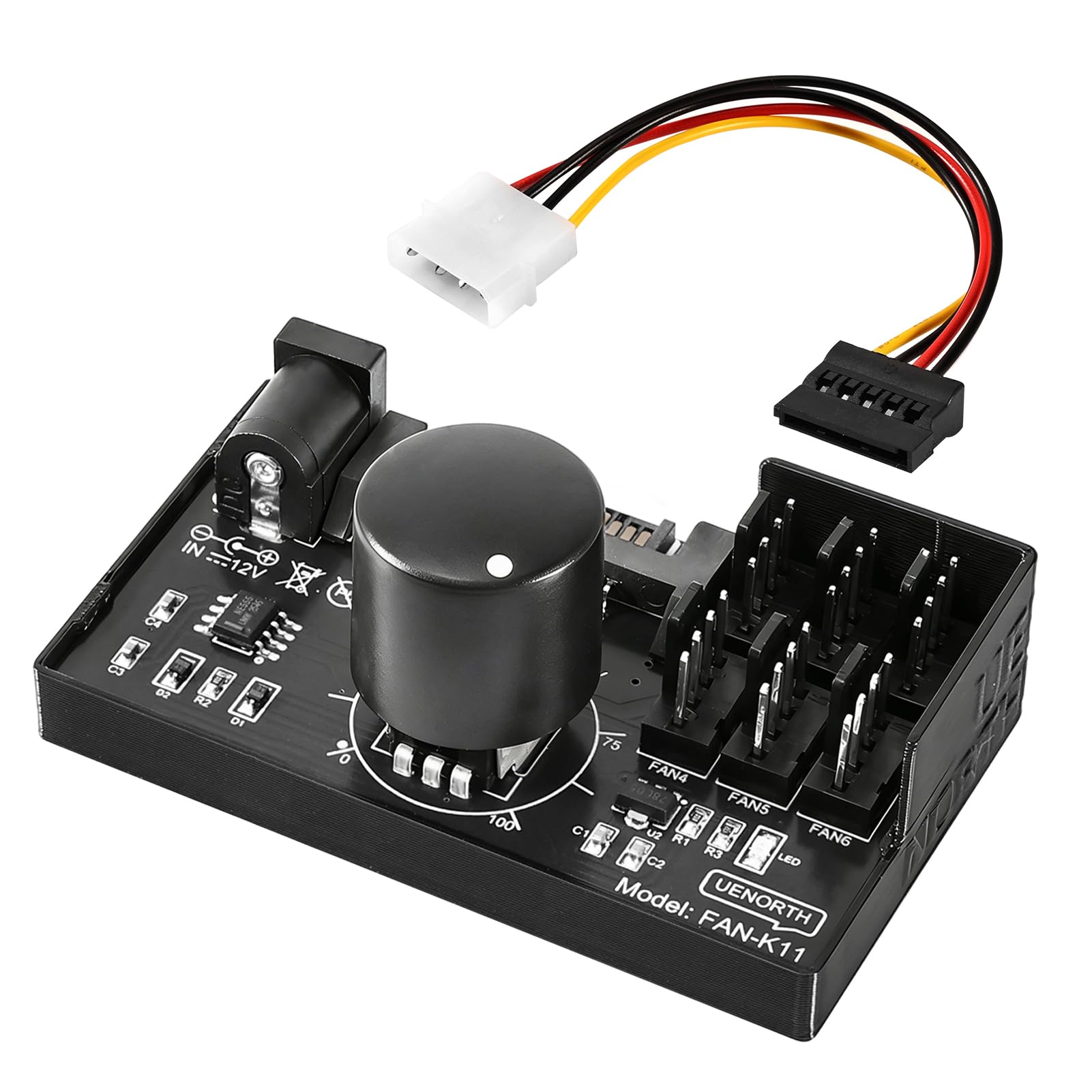 PWM Binghe PWM wentylator z 1 do 6 4-pinowym 12 V i kablem, koncentrator adaptera wentylatora PC z zasilaniem przez SATA i DC 5525, regulator prędkości wentylatora, kontroler obsługuje 6 wentylatorów